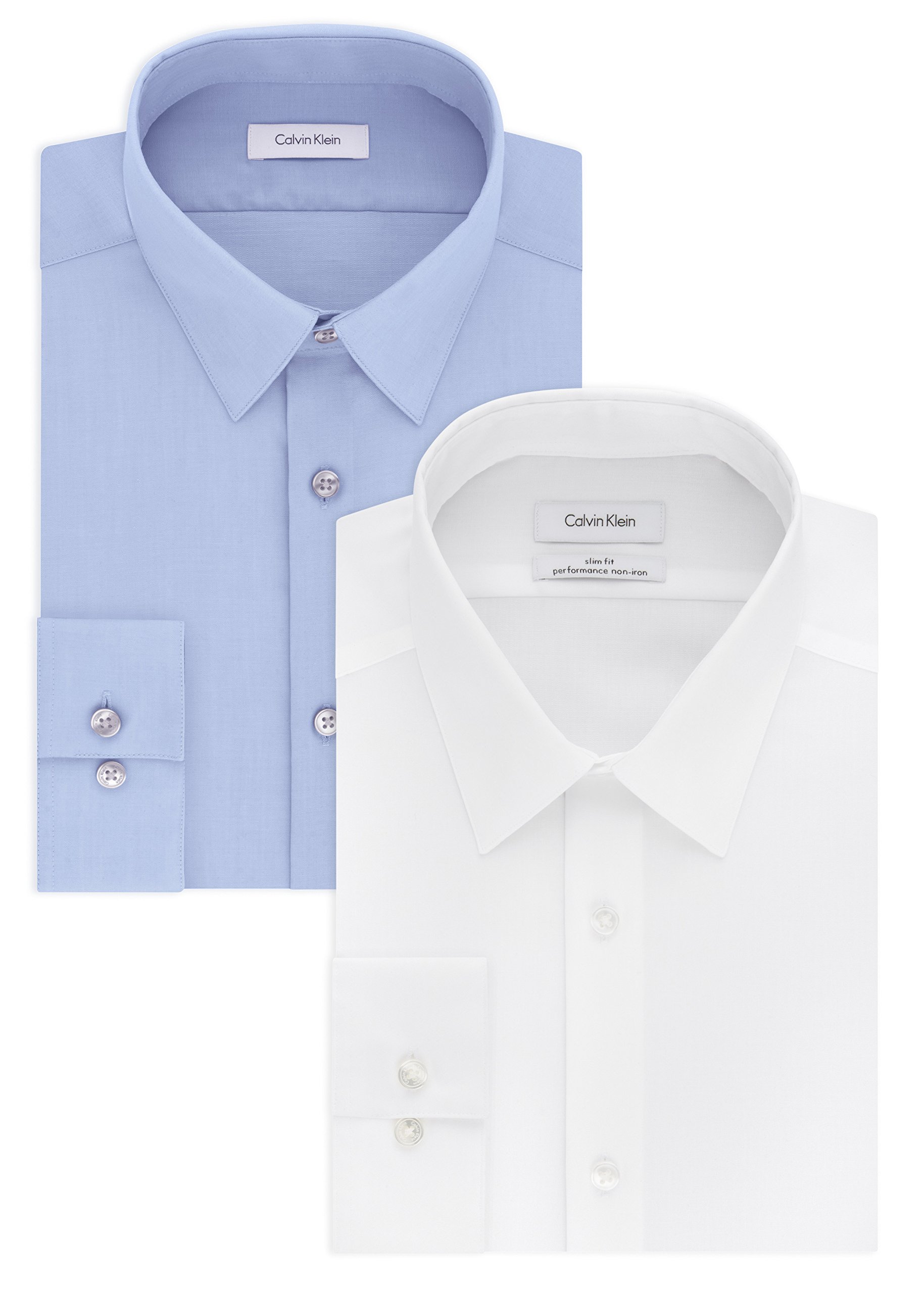 Calvin Klein Mens Slim Fit Non-Iron Herringbone Point Collar Dress Shirt White Blue 17 5 Neck 36-37 Sleeve