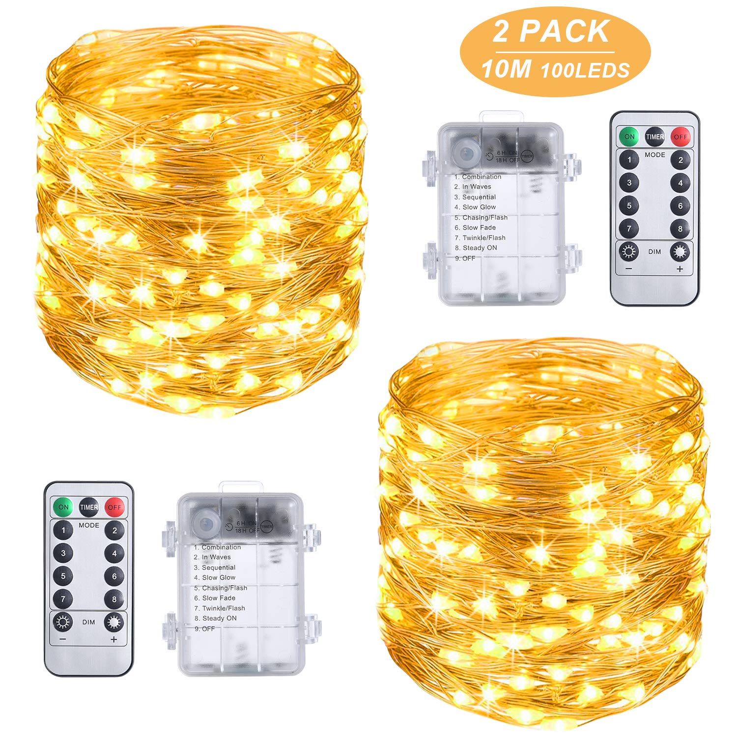 Vicloon2 Pack Fairy String Lights, Cooper String Light, 100 LEDs 10 M Warm White Fairy Light, Waterproof IP65 Copper Wire Light for Gardens, Homes, Wedding, Battery-Powered (Battery Not Included)