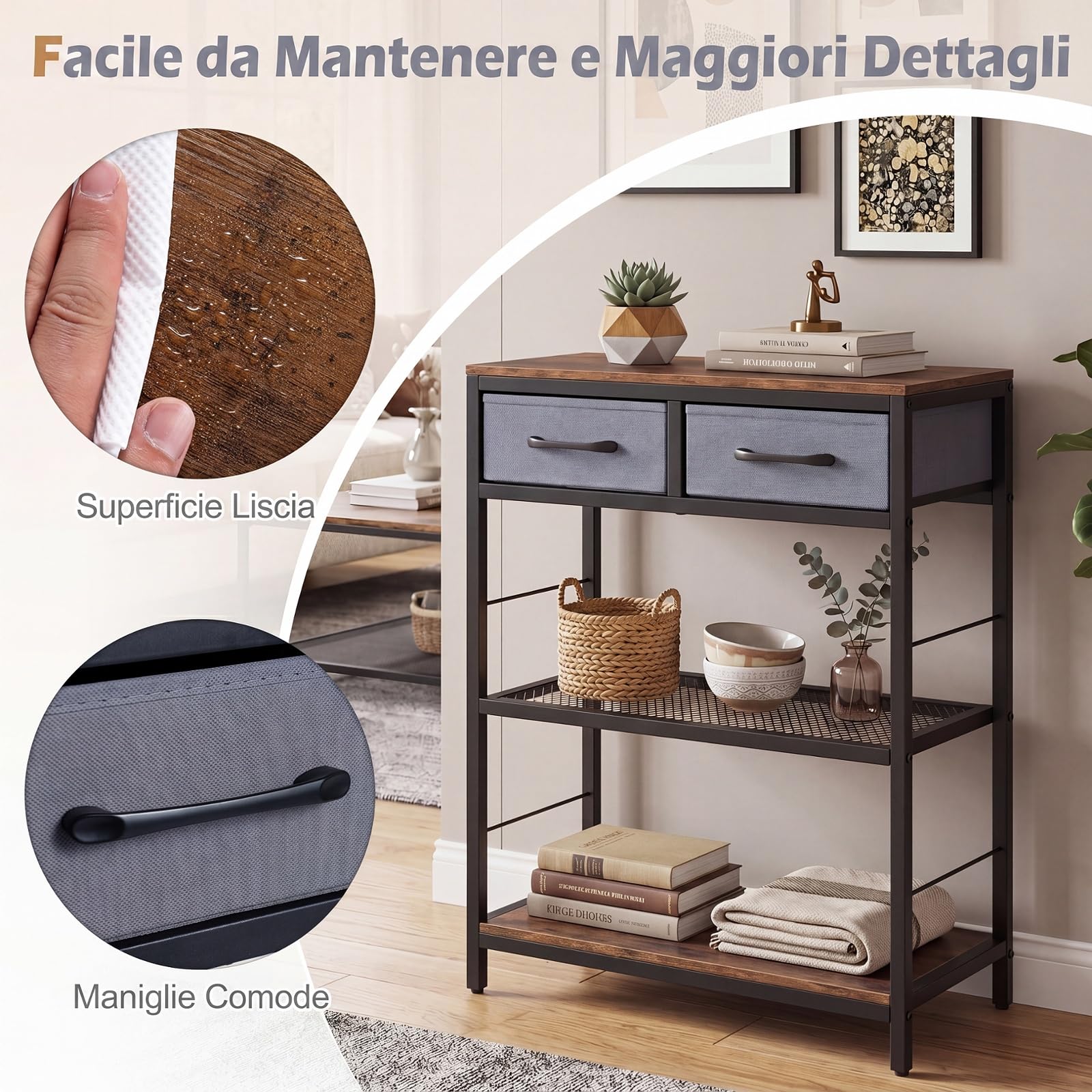 COSTWAY Tavolino Salotto Stretto, Tavolo Consolle da Ingresso con 2 Cassetti in Tessuto e 2 Ripiani Aperti, Comodino Moderno in Legno per Soggiorno, Corridoio e Camera da Letto, 60x30x81 cm (Marrone)