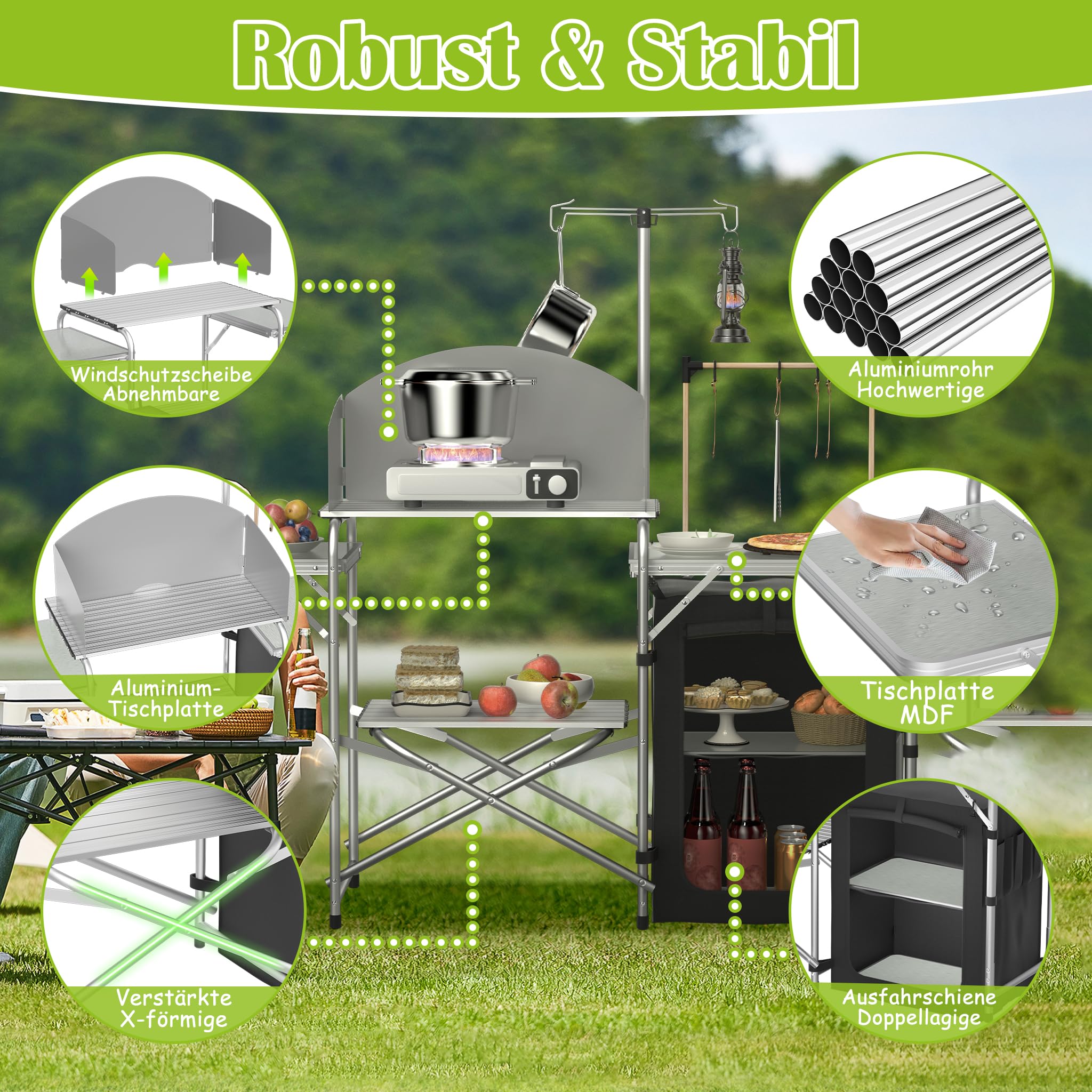 NAIZY Campingküche 146x46x141 cm Outdoor Faltbar Campingschrank mit MDF-Dichteplatte mit Alu&Oxford-Stoff & Haken & Lichtständer Campingmöbel, Model D
