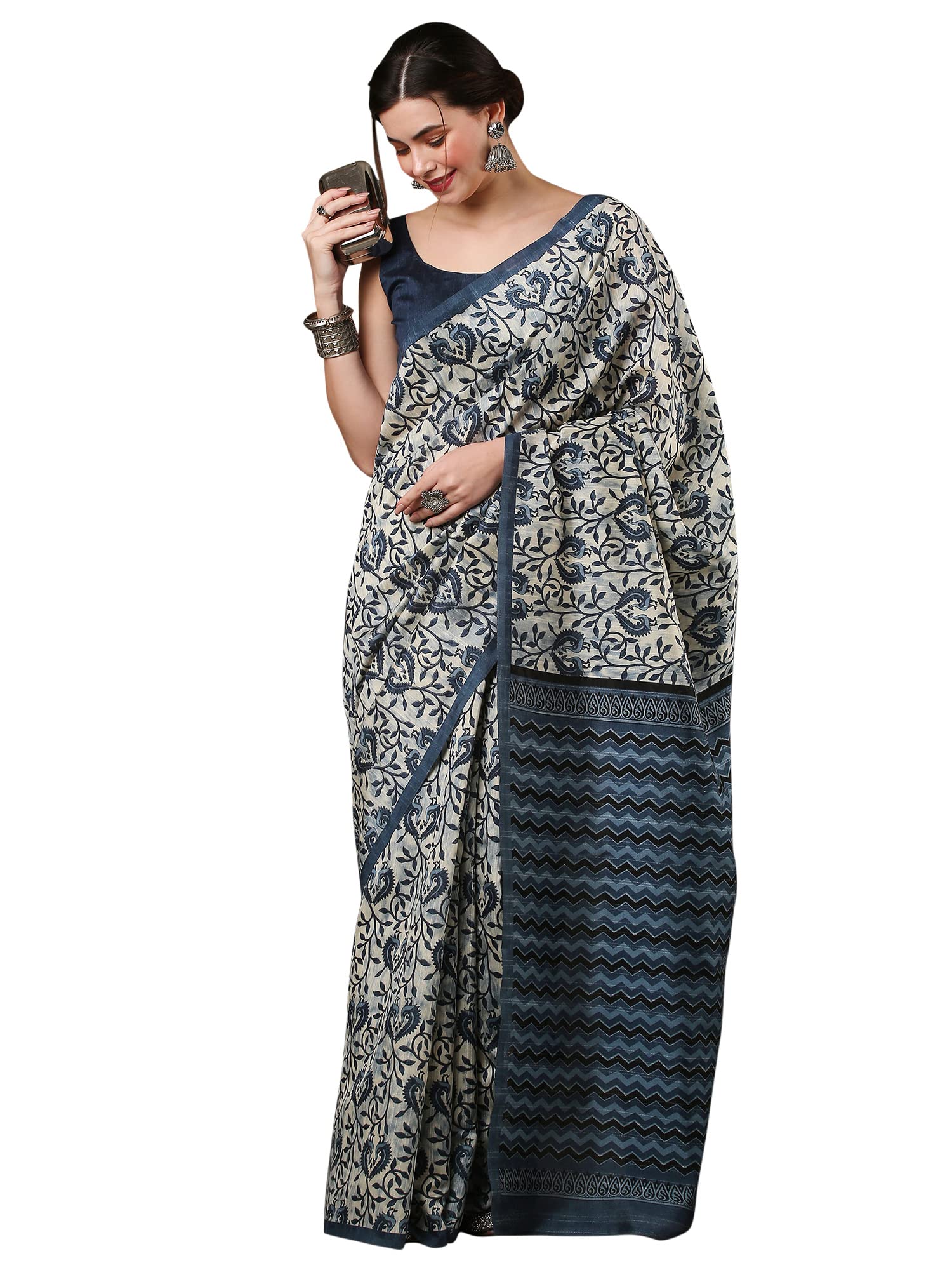 AKHILAM Women's Ajrak Block Print Dola Silk Saree With Unstitched Blouse Piece