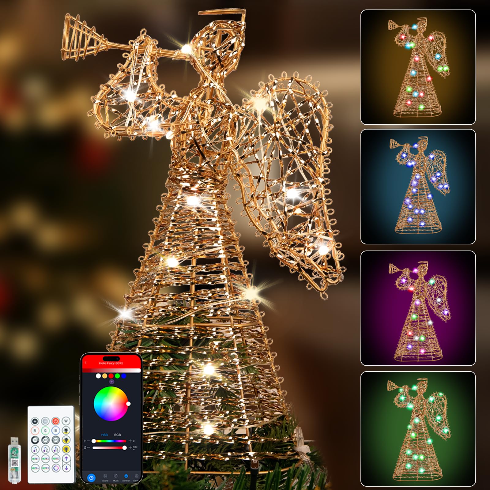 Brave Dream - Puntale per albero di Natale, 28 cm, RGB, con timer, controllo app, alimentazione USB, sincronizzazione musica, puntale per interni, decorazione per feste e vacanze