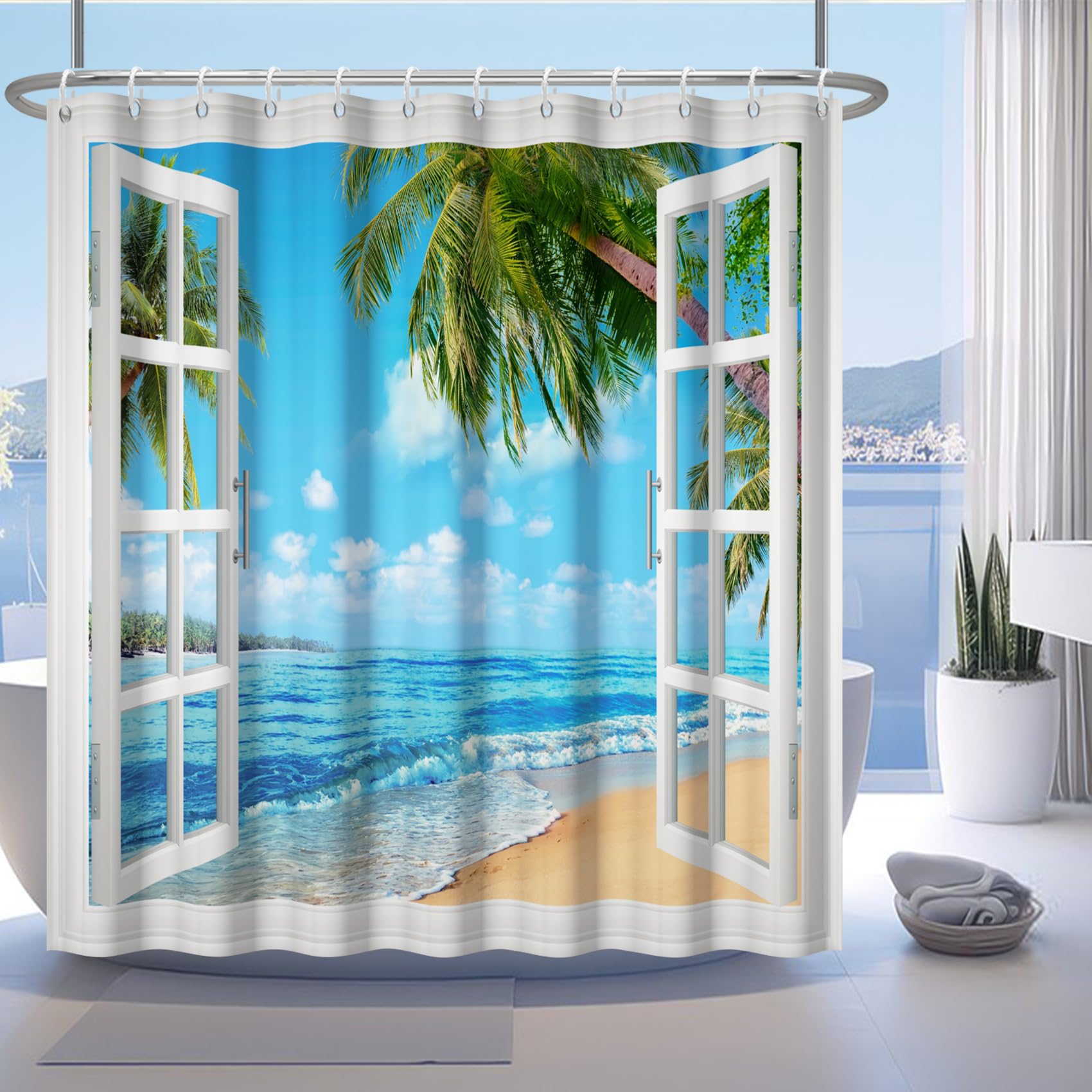Renaiss 72x72 Inches Summer Beach Shower Curtain for Bathroom Hawaiian Palm Tree Ocean Island Bath Curtains White Wooden Window Tropical Seaside