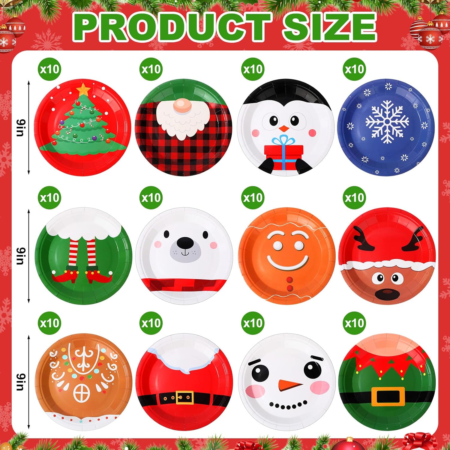 Zhehao 120 Pcs 9 Inch Christmas Disposable Dessert Plates Bulk Christmas Santa Claus Snowman Reindeer Paper Plates Dinnerware Tableware Xmas Party Supplies for Holiday Dinner Gathering Decoration