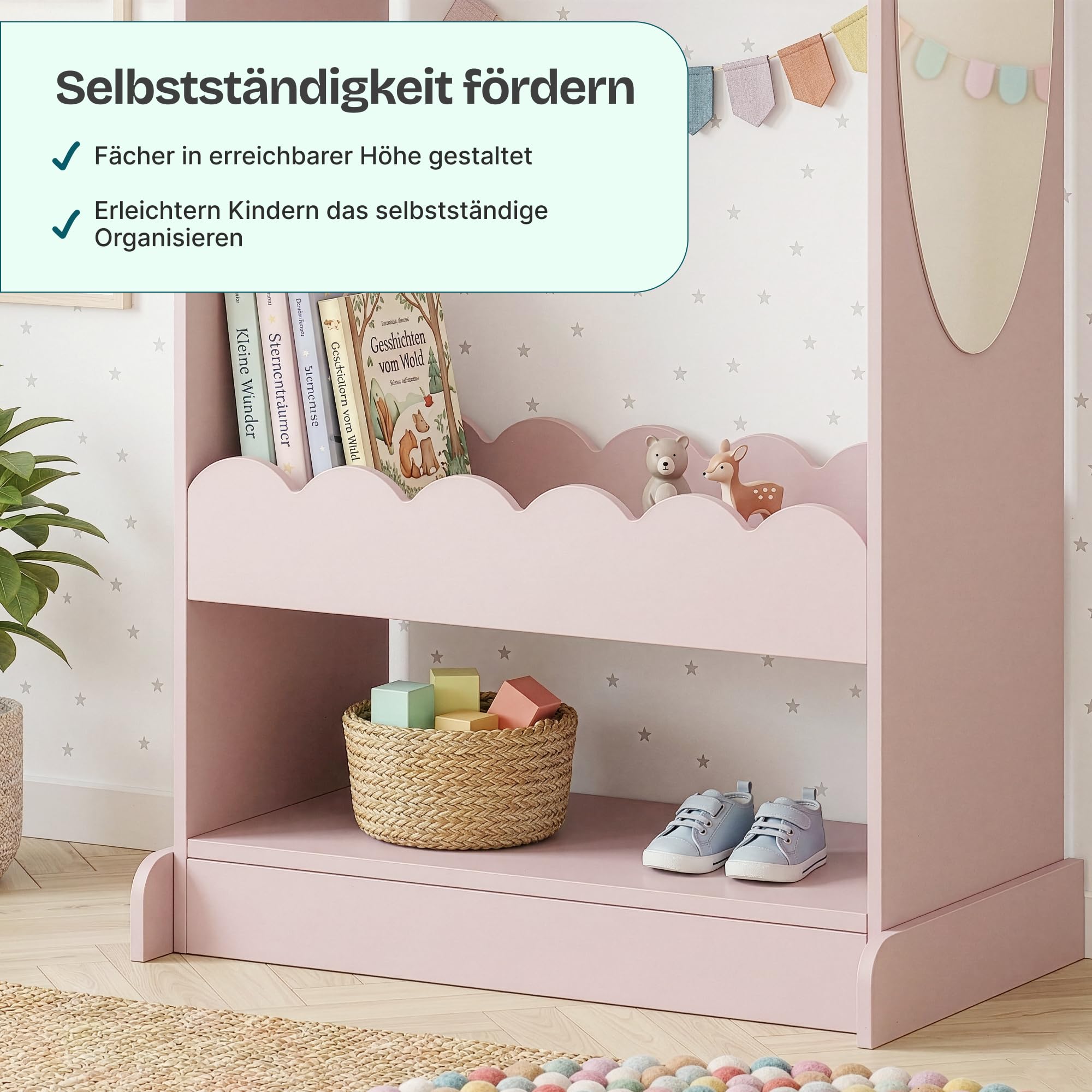 [en.casa] Kindergarderobe stehend Vestnes Kinder Kleiderschrank mit Spiegel und Kleiderstange 120 x 63 x 38 cm Kleiderständer mit 3 Haken Wellendesign Cotton Candy