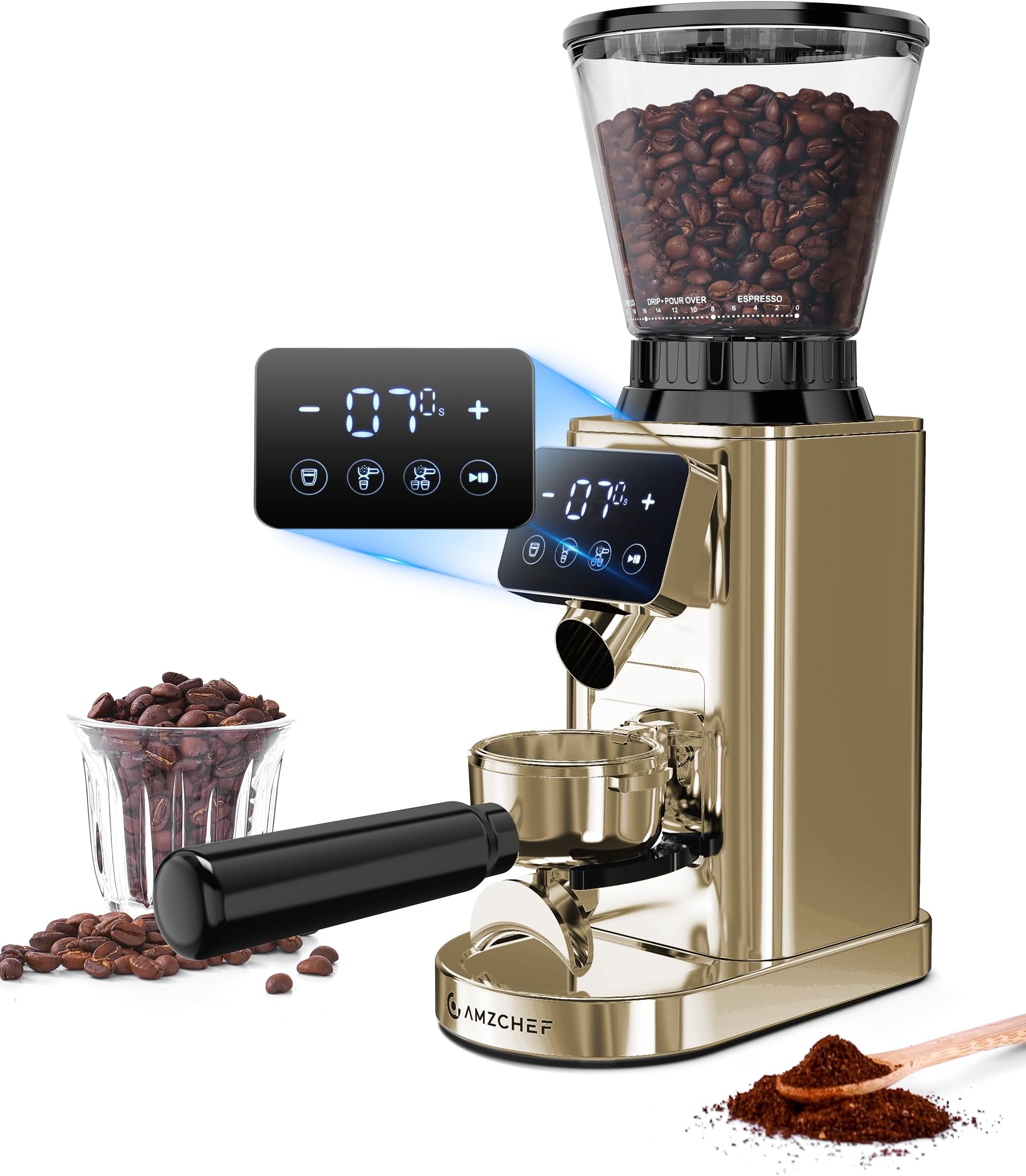 AMZCHEF Electric Coffee Grinder with Removable Stand and Container, LCD Touch Screen, 24 Precise Settings, Coffee Grinder for Espresso, Filter, Pouring Spout, Cold Brewing, Piston Coffee Maker