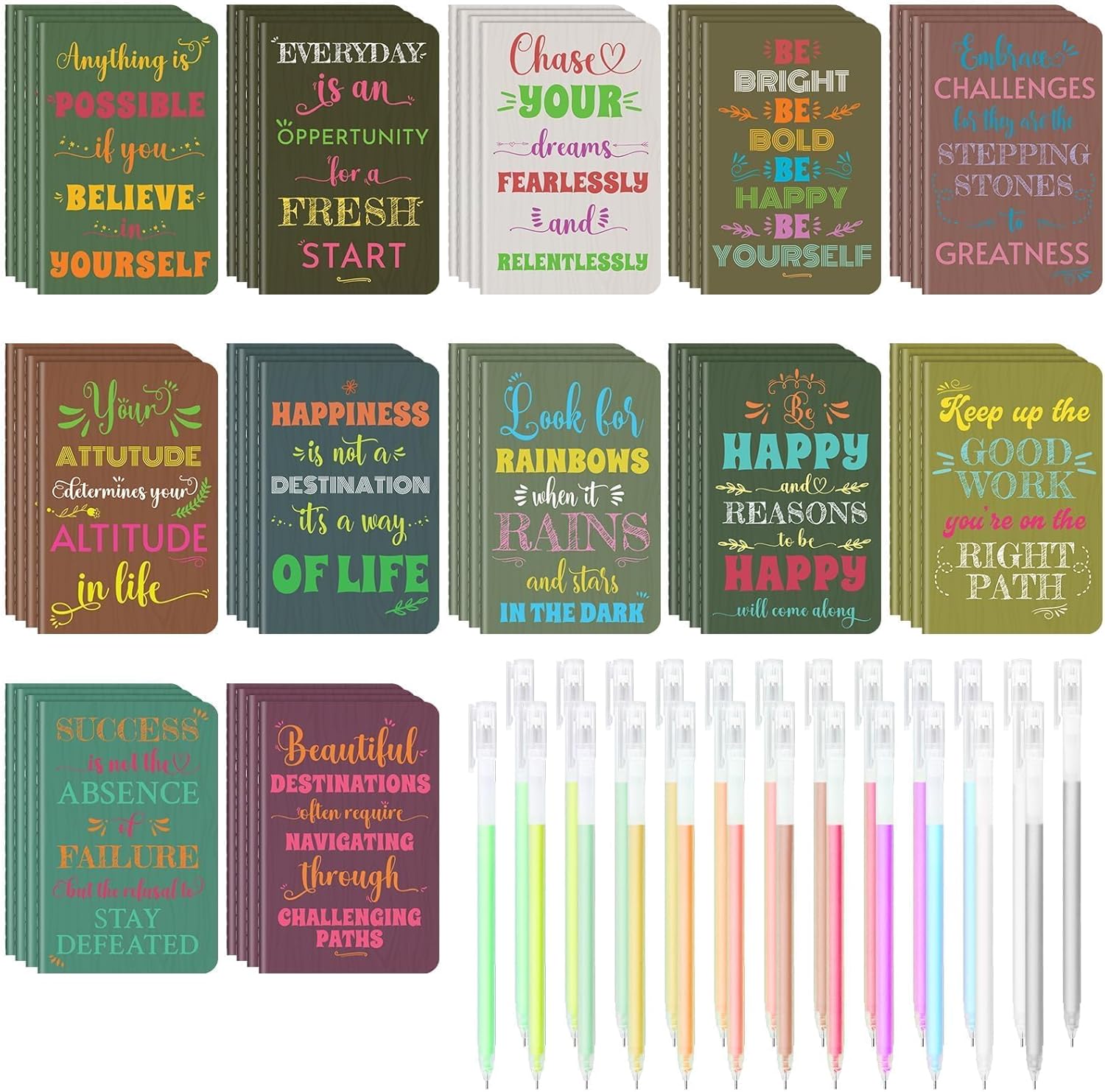 60 Pcs Mini Inspirational Notebooks Bulk with 60 Pcs Colorful Pens, Small Pocket Journal Notepads Set, Motivational Bulk Gifts for Women Men Teacher Student, Fun School Office Supplies, 3.5"x5.5"