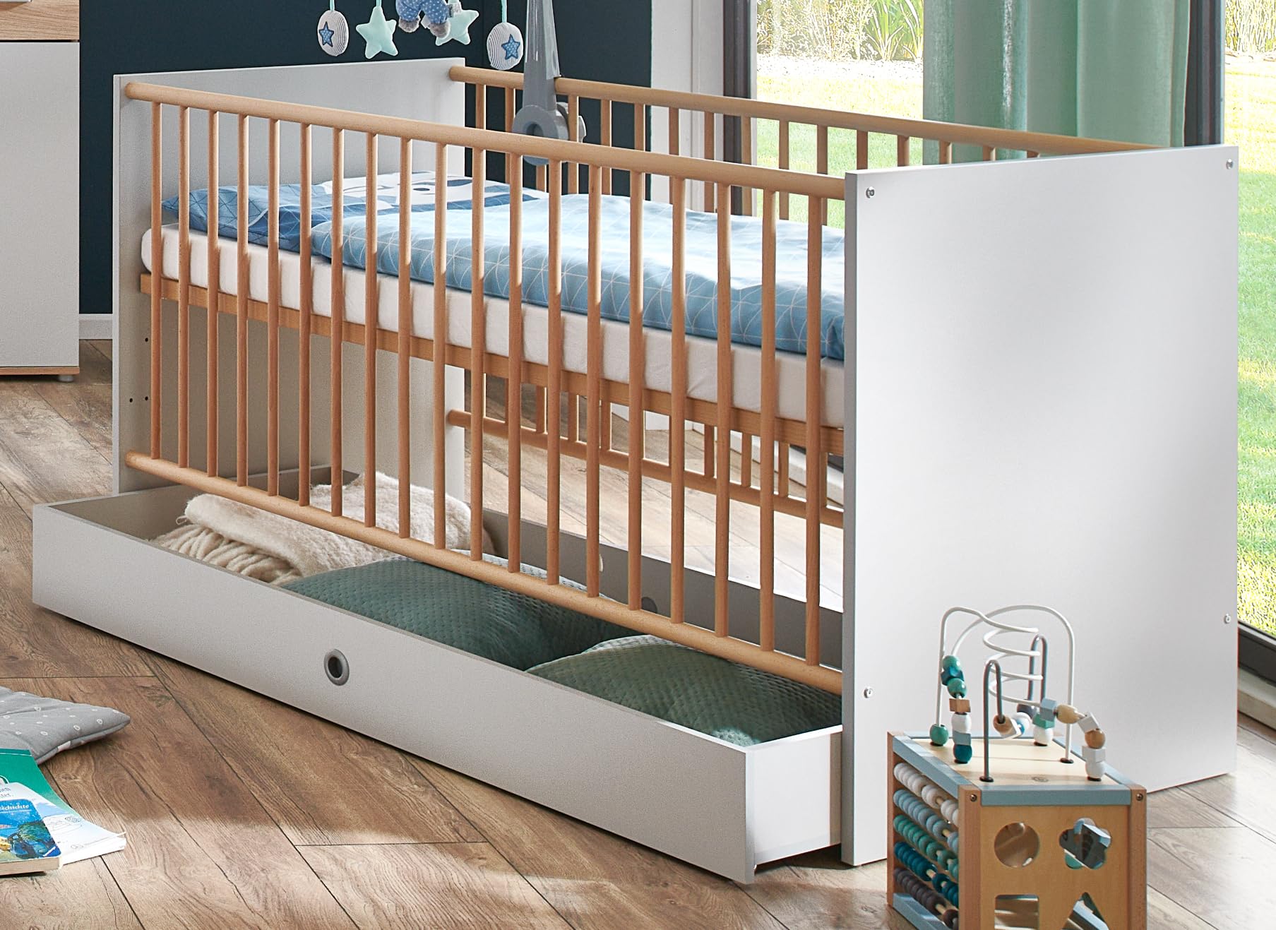 3-teiliges Babyzimmer Set Elina, Kleiderschrank, Wickelkommode, Babybett 70x140 cm, Lichtgrau/Nagano Oak