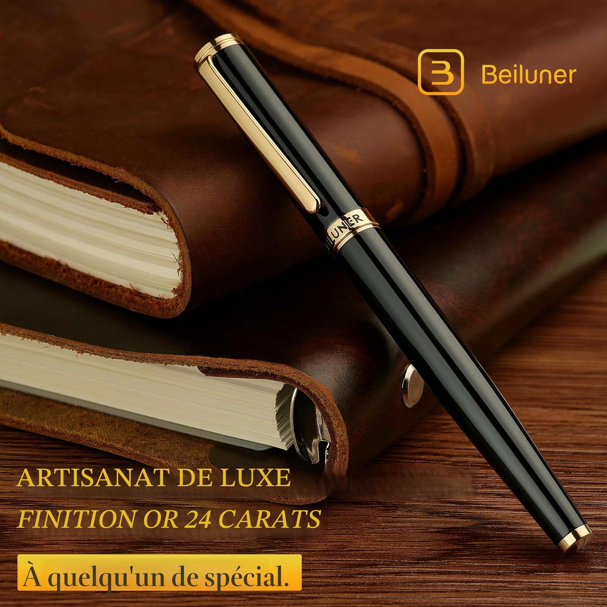 BEILUNER Stylo Bille Luxe, Finitions Or 24K, Design Noble et Élégant, Recharge Schneider, Set-Cadeau Hommes/Femmes, Professionnel, Bureau, Belle Stylo (Noir & Or)