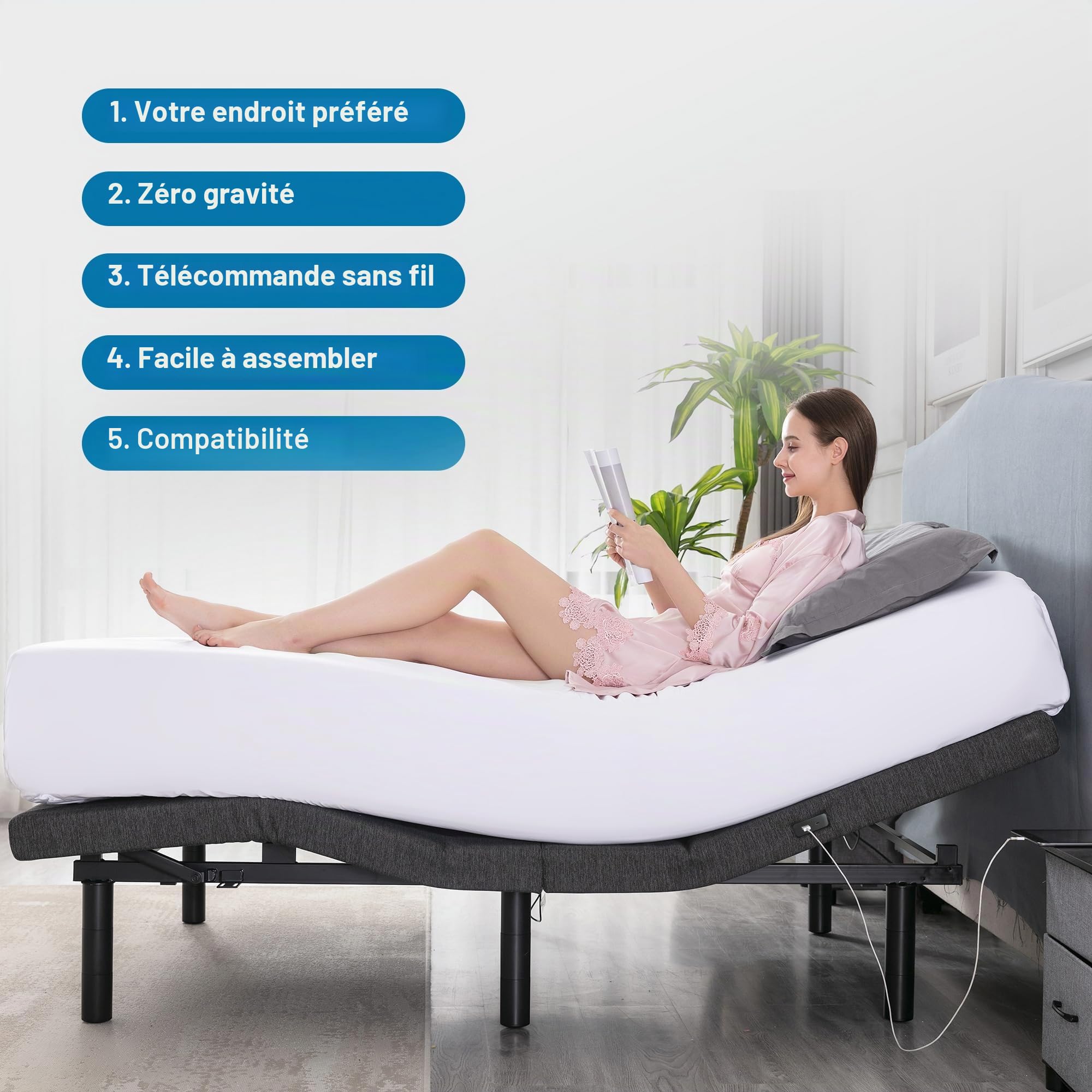 S*MAX Sommier électrique 140x200 de Relaxation Deux moteurs Deux ports USB Télécommande sans fil Veilleuse Dégagement zéro Gravité Lit double electrique 2 personnes Inclinaison de la tête et des pieds