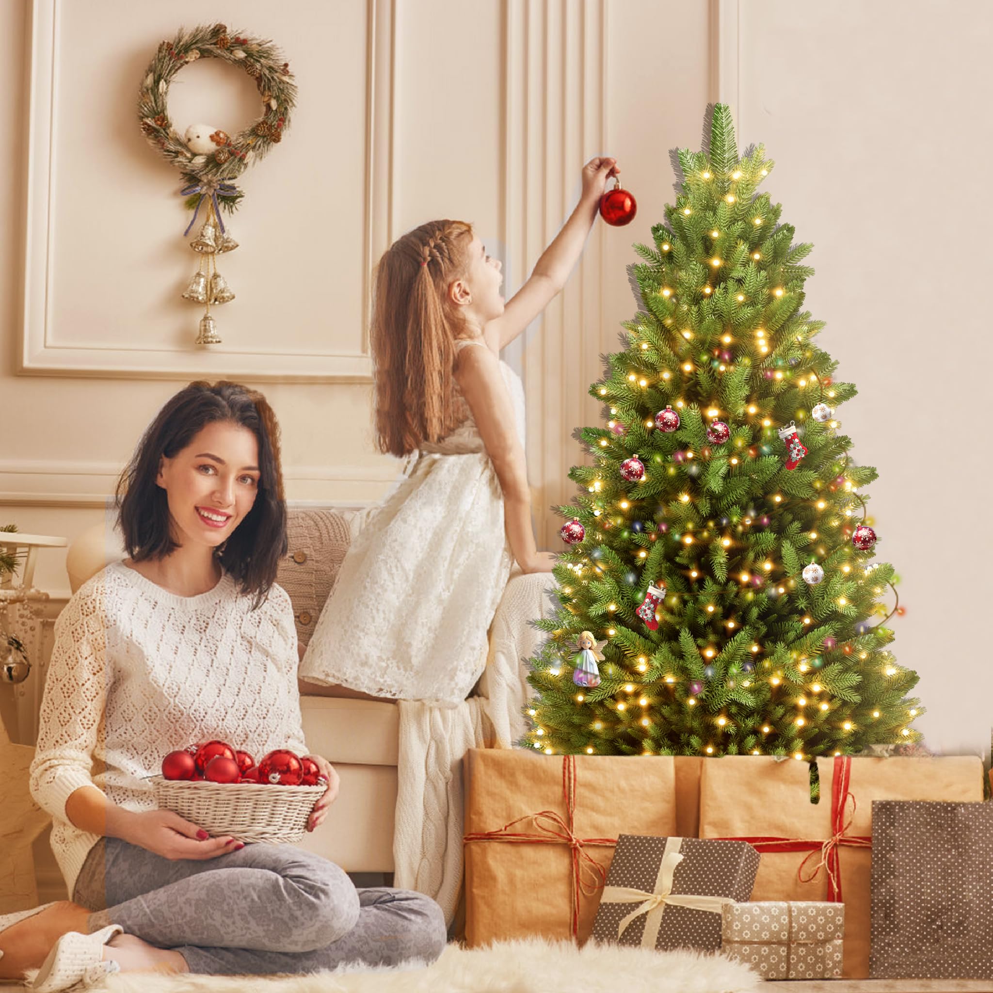 FIVMEN Weihnachtsbaum Künstlich mit Beleuchtung 150 cm PVC/PE Tannenbaum Christbaum Naturgetreu mit Holzsockel Weihnachtsbäume Christmas Tree Weihnachtsdeko