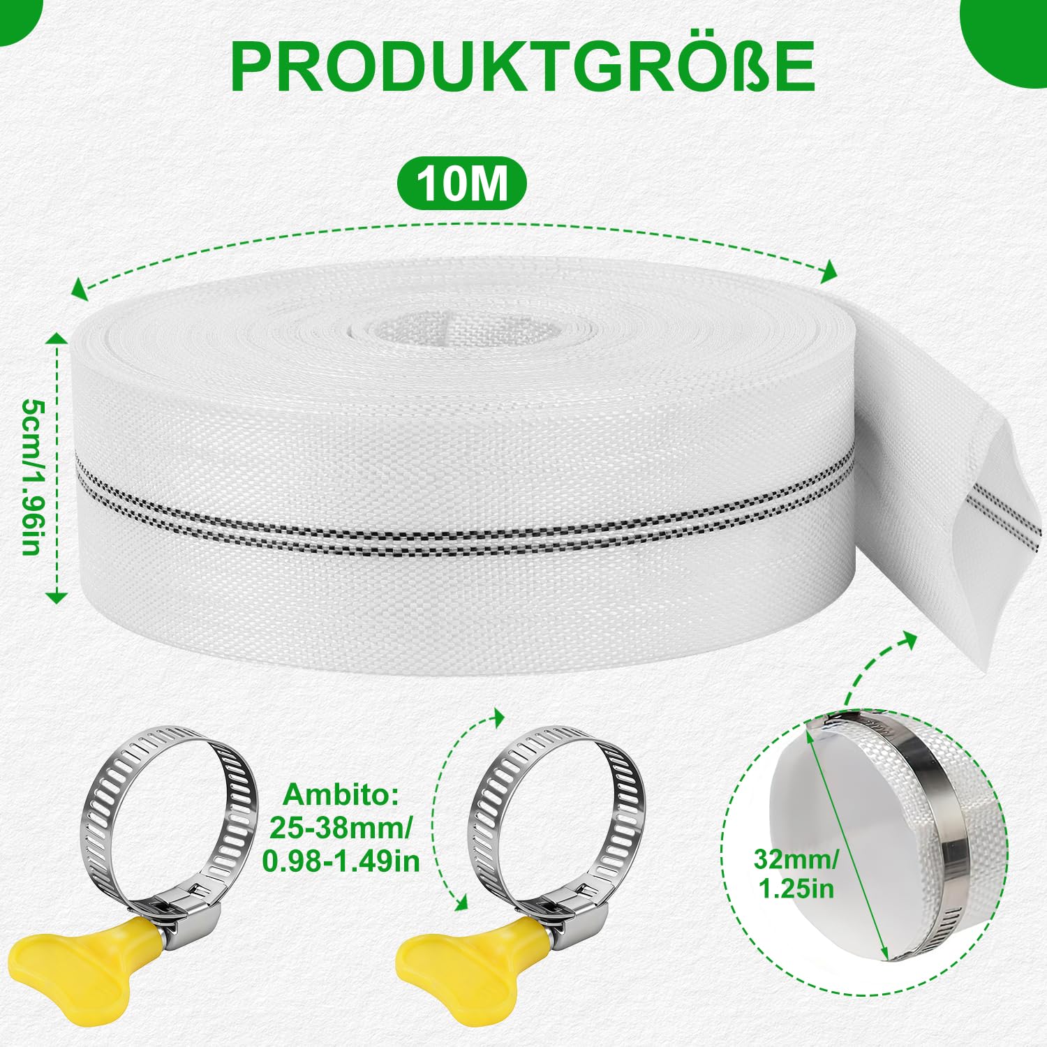 Wąż tkany, płaski wąż 32 mm, 10 m, z 2 klipsami, wąż przemysłowy, zestaw do pomp zanurzeniowych, nawadniania ogrodu, rolnictwa, basenów