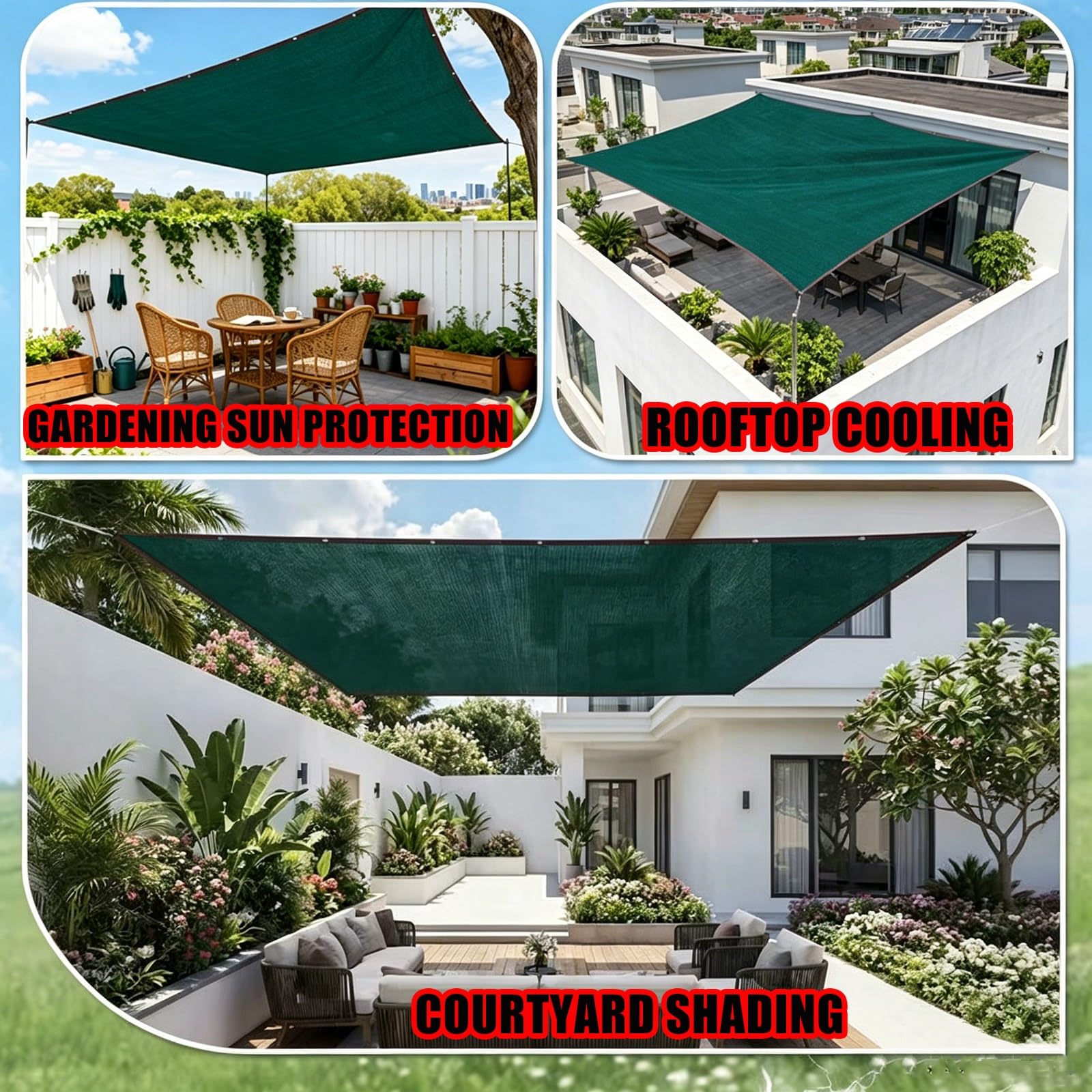 Malla Sombra Verde Oscuro, Tela Sombreadora HDPE Resistente Reforzada, Aislante Térmico Antienvejecimiento Borde Cosido 6 Hilos for Jardín Terraza Balcón Tejado Cochera(6.0x10.0m)