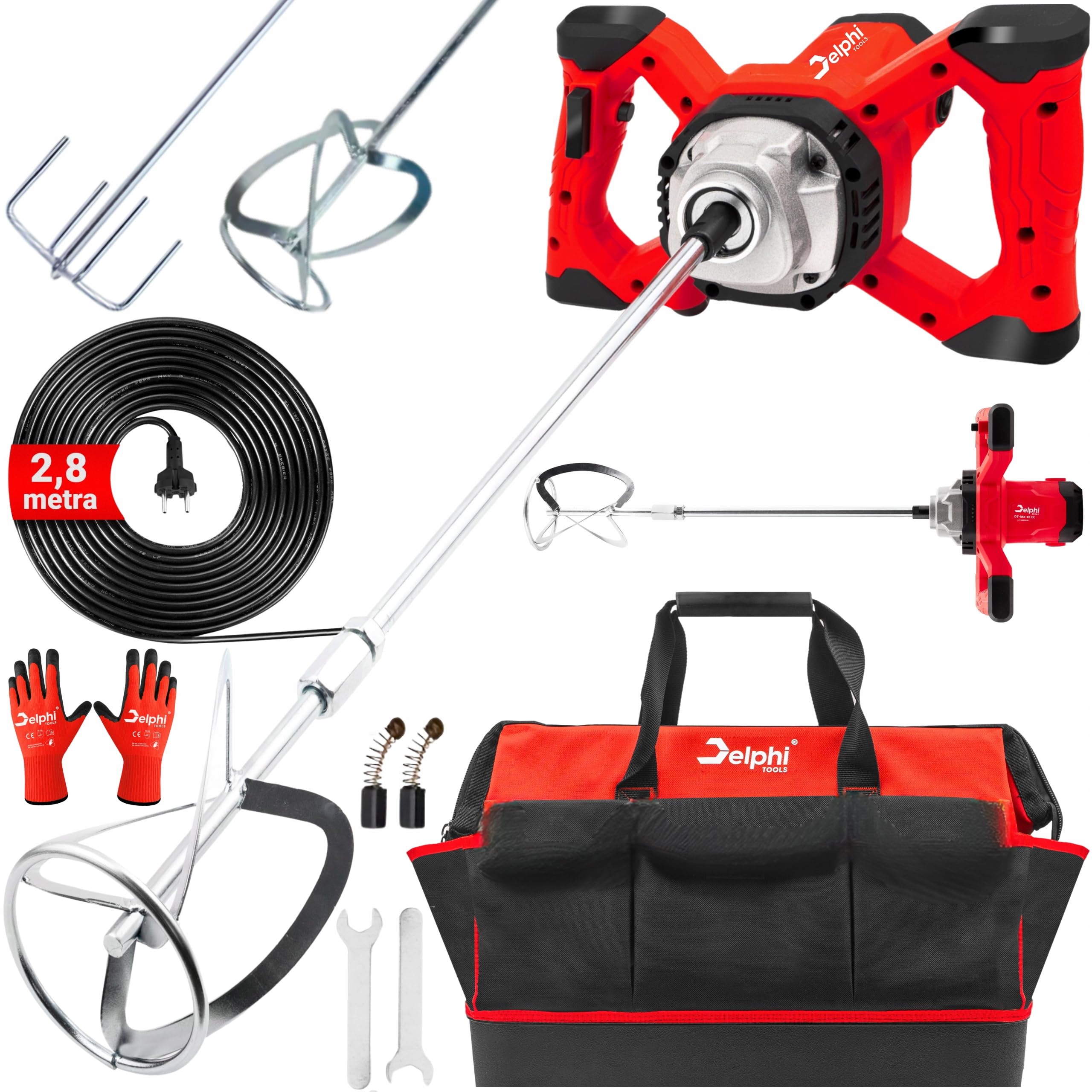 Delphi Agitador eléctrico de 2600 W, con 2 agitadores, 6 velocidades, para pegamento, hormigón, pintura, yeso con bolsa y accesorios, M14 940 rpm