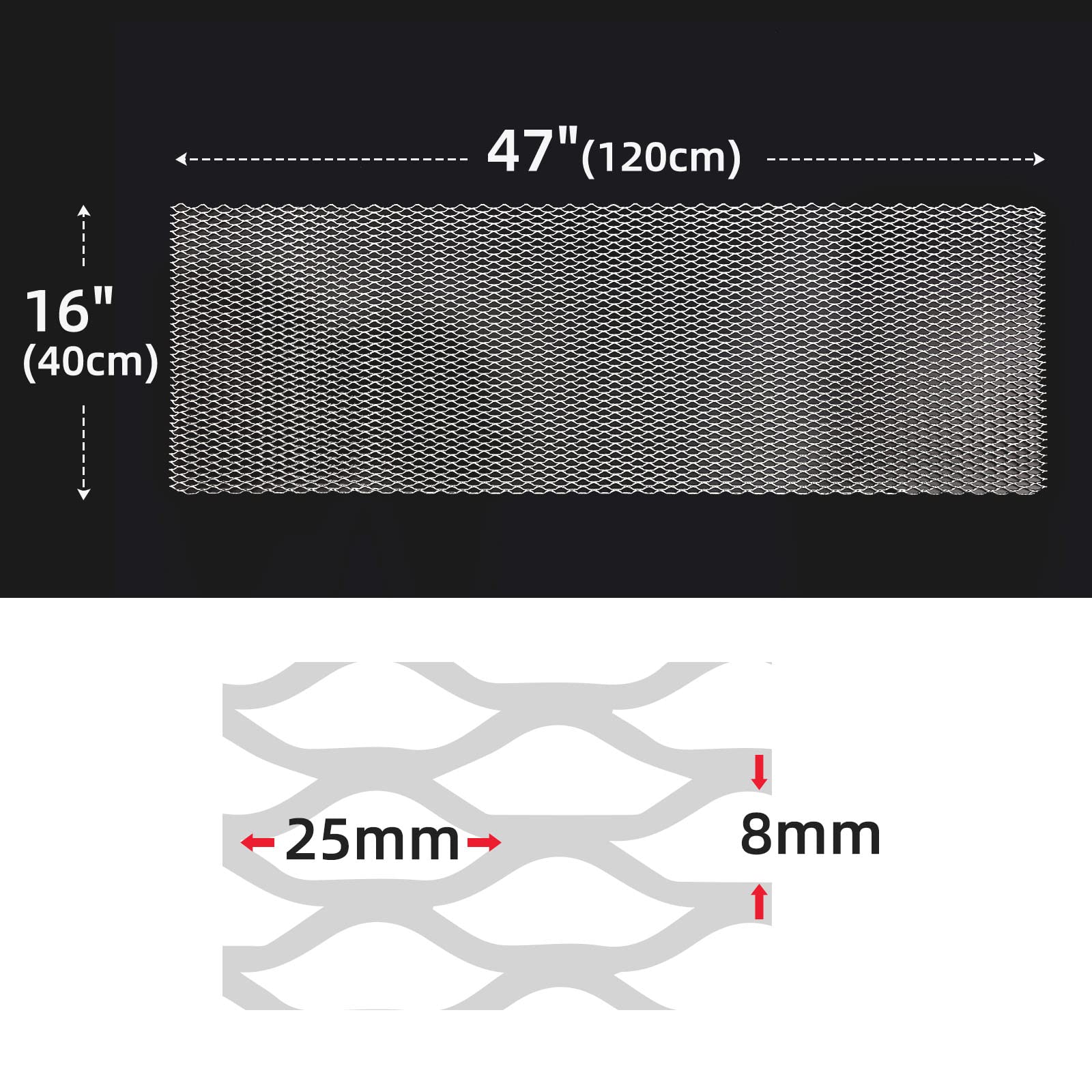 AggAuto 120×40cm Plateado Rejilla de carreras, Tamaño del Gaviota de 8×25mm, rejilla estirada de aleación de aluminio, ajuste universal rejilla del radiador del automóvil