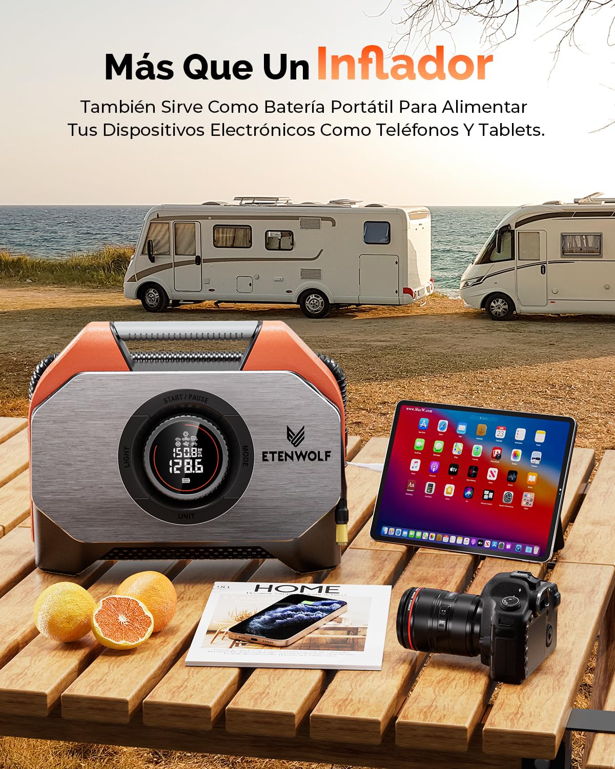 ETENWOLF S6 19200 mAh Inflador Ruedas Coche, Compresor Aire Portatil de 11,03 bares, 7 modos para coche y objetos inflables, Bomba de aire eléctrica