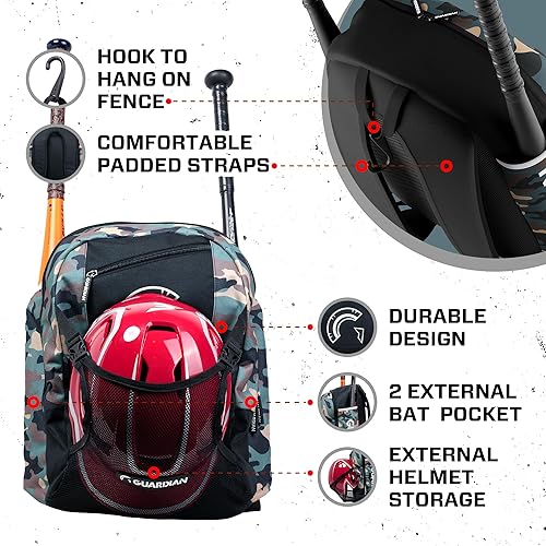 Miniatura 3 de Guardian Rookie - Mochila de béisbol para niños o niñas, bolsa de murciélago para almacenamiento externo de casco para niños, capacidad para dos