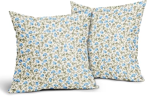 Miniatura 2 de Juego de 2 fundas de almohada decorativas de lino y algodón con estampado de margaritas primaverales de 18 x 18 pulgadas, color verde salvia, azul,