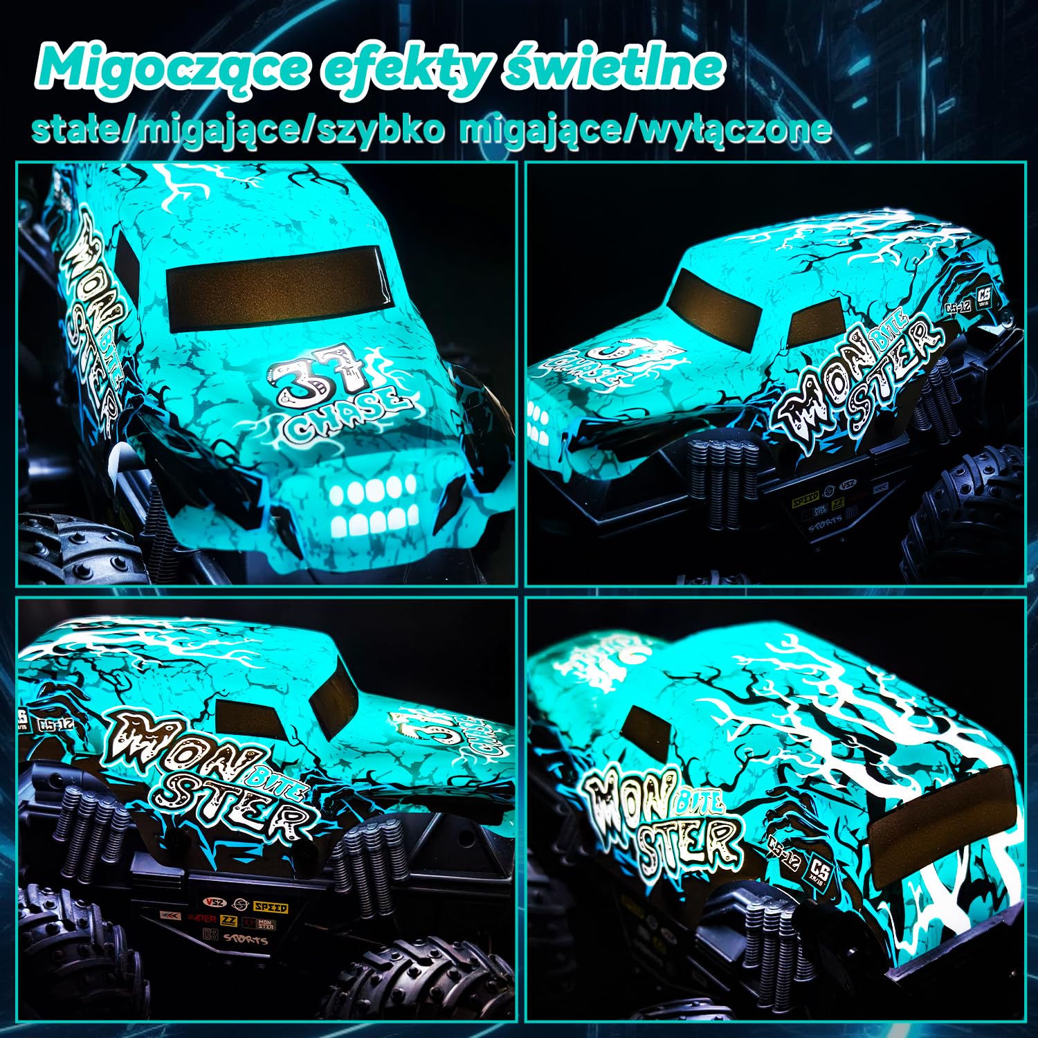Halloween Monster Truck zdalnie sterowany, 1/20 Monster Truck z chodzeniem w pozycji pionowej i obrotem o 360°, 20 km/h, zdalnie sterowany samochód z oświetleniem LED i muzyką, zabawka na Halloween i