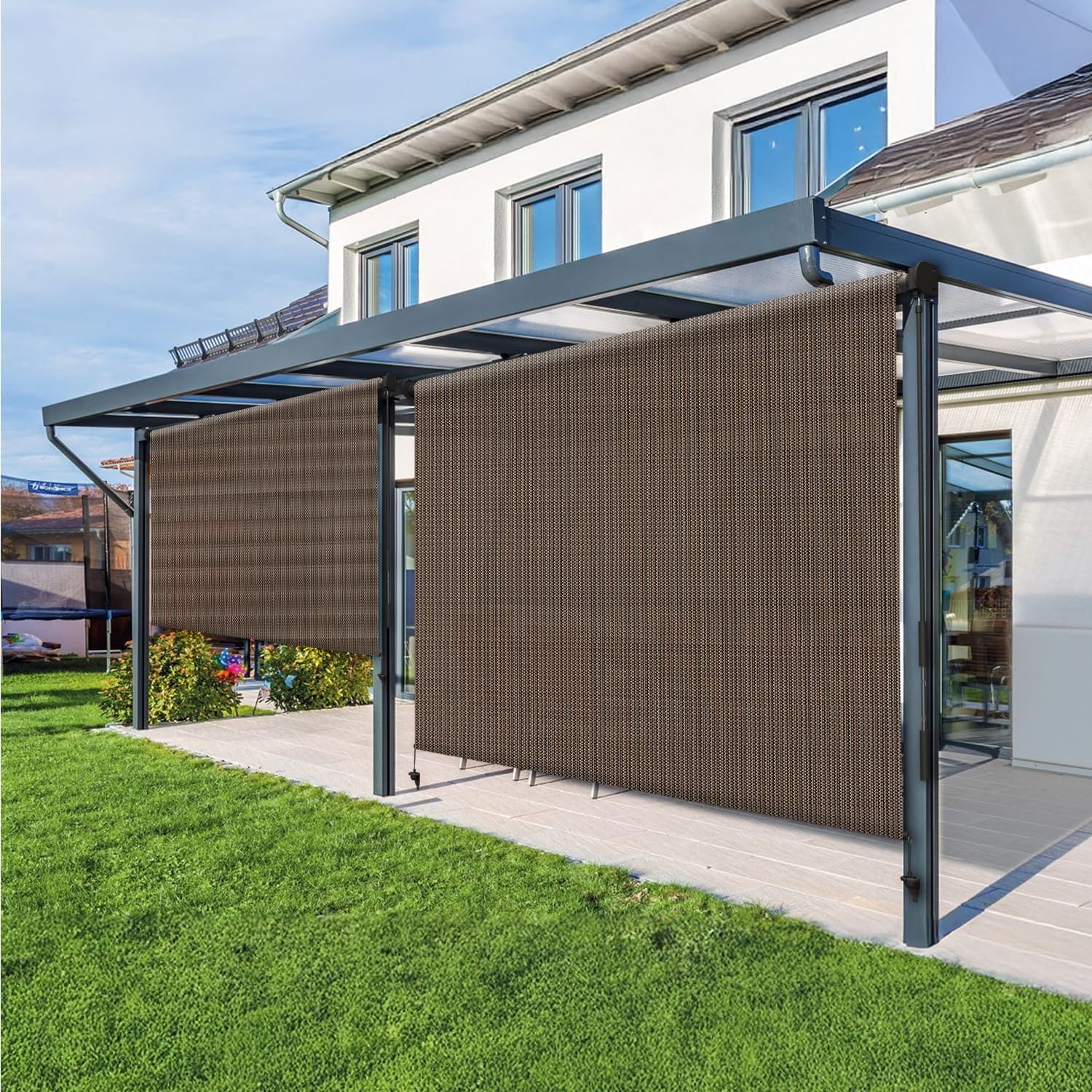 SUNNY GUARD Outdoor Roller Shades 6' W x 6' H Privacy UV Block 230GSM Heavy-Duty HDPE with Splicing Design, Cordless Patio Roll Up Blinds for Porch, Pergola, Deck, Balcony, Mocha
