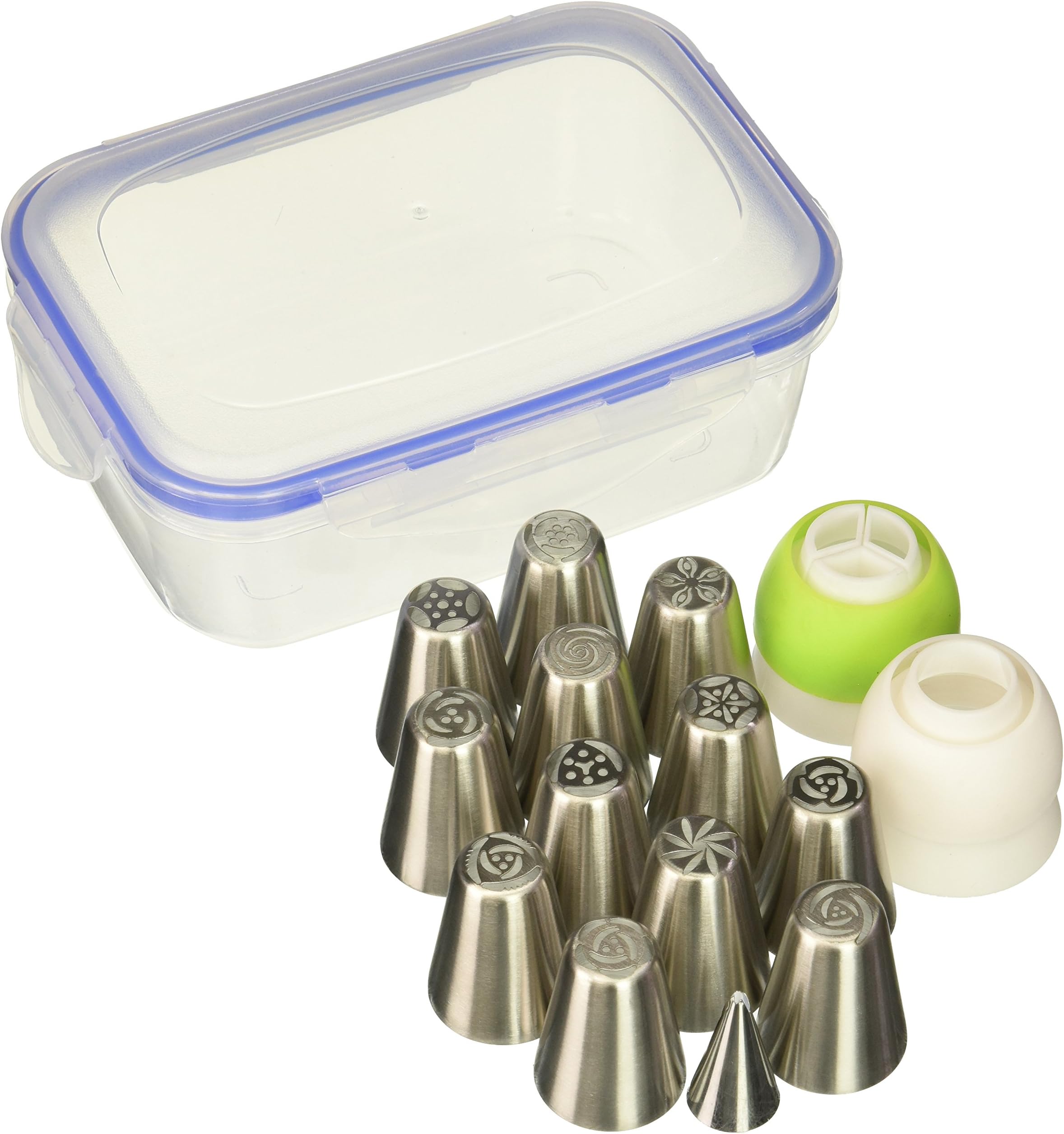 Zaxedo SYNCHKG121507 Russian Piping Tips Russian Nozzles for Cake Cupcake Icing Decorating Piping Tips 27-Pcs Russian Tips Set Cake Frosting Tips Kit (12 Russian Piping Tips Leaf Tip 2 Couplers Pastry Bags) Storage Box