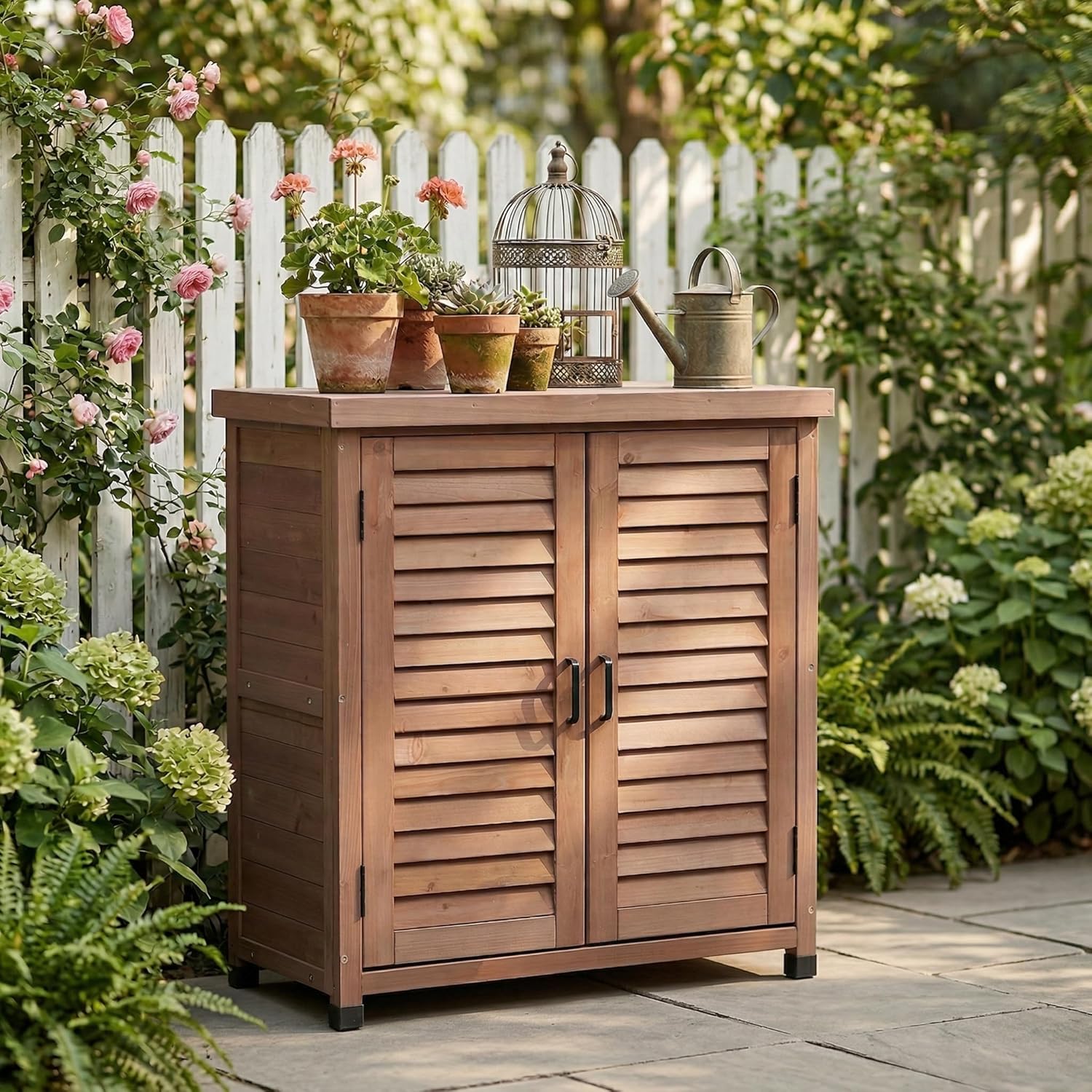 Potting Bench with Storage Cabinet and Metal Table Top for Outdoor Patio, Garden Furniture Wood Workstation Coffee 31.5x17x36''