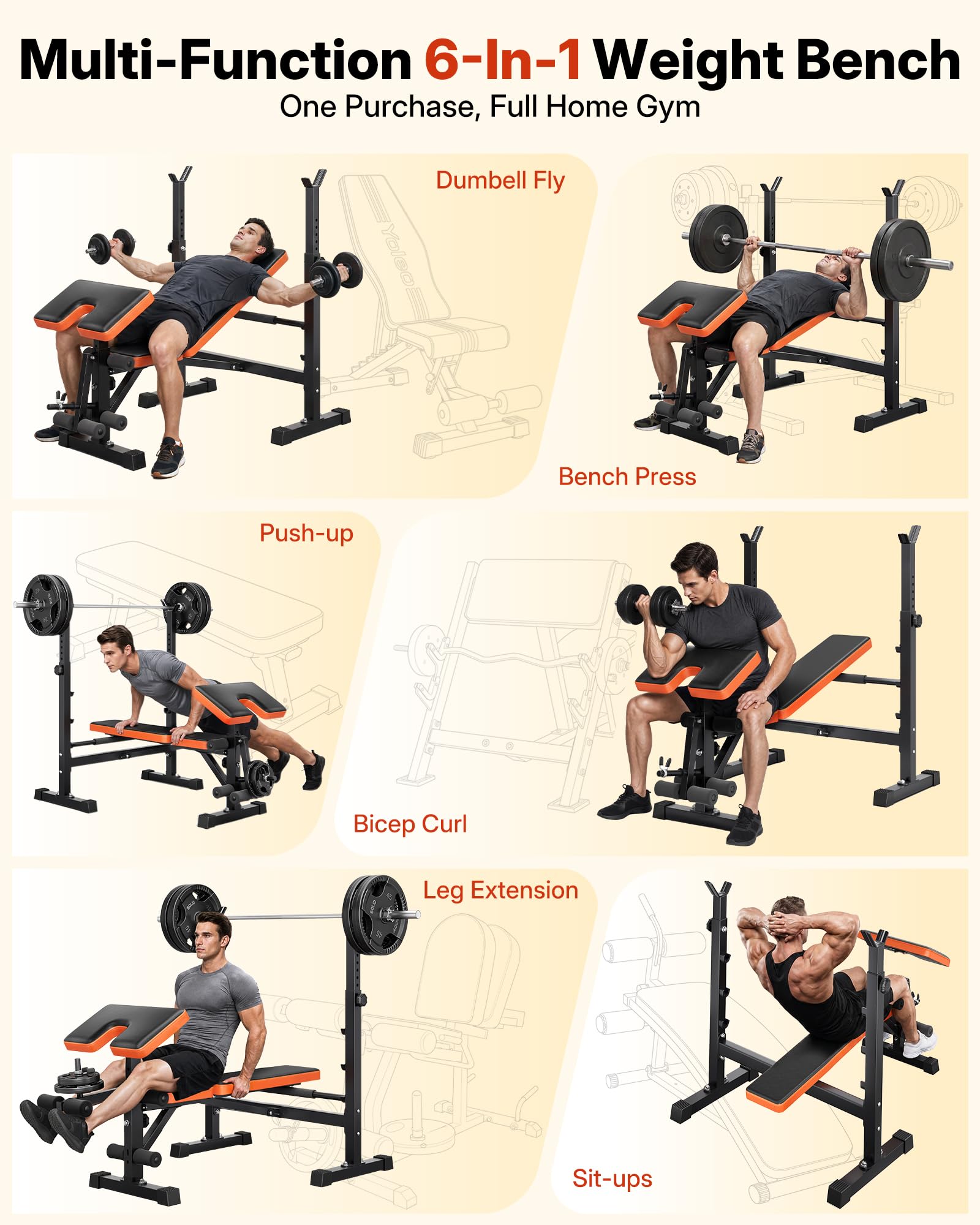 YOLEO Beginner Weight Bench Set, Adjustable Foldable Bench Press with Rack | 6 In 1 Beginner-friendly Setup, FID Adjust, Fits 5-6 ft Olympic Bars