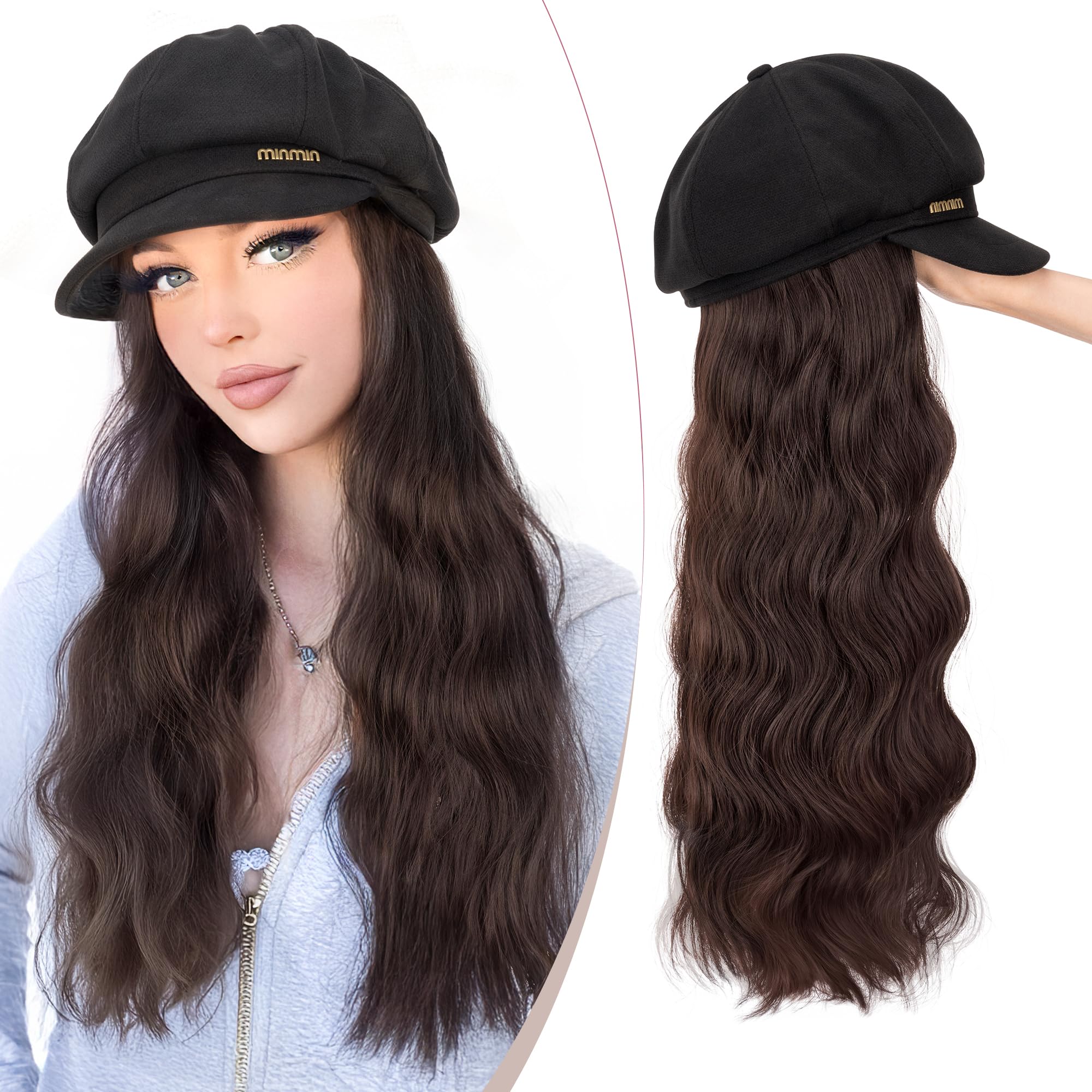 SEGO 18 Inch Long Wavy Hair Extension With Attached Black Beret Hat Synthetic Hairpiece Fashionable For Women - Medium Brown