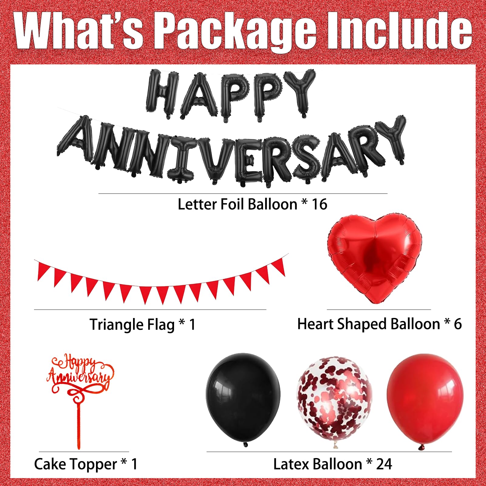 Happy Anniversary Decorations, 48Pcs Black Red Romantic Wedding Decoration Set including Heart Foil Balloon - Image 2