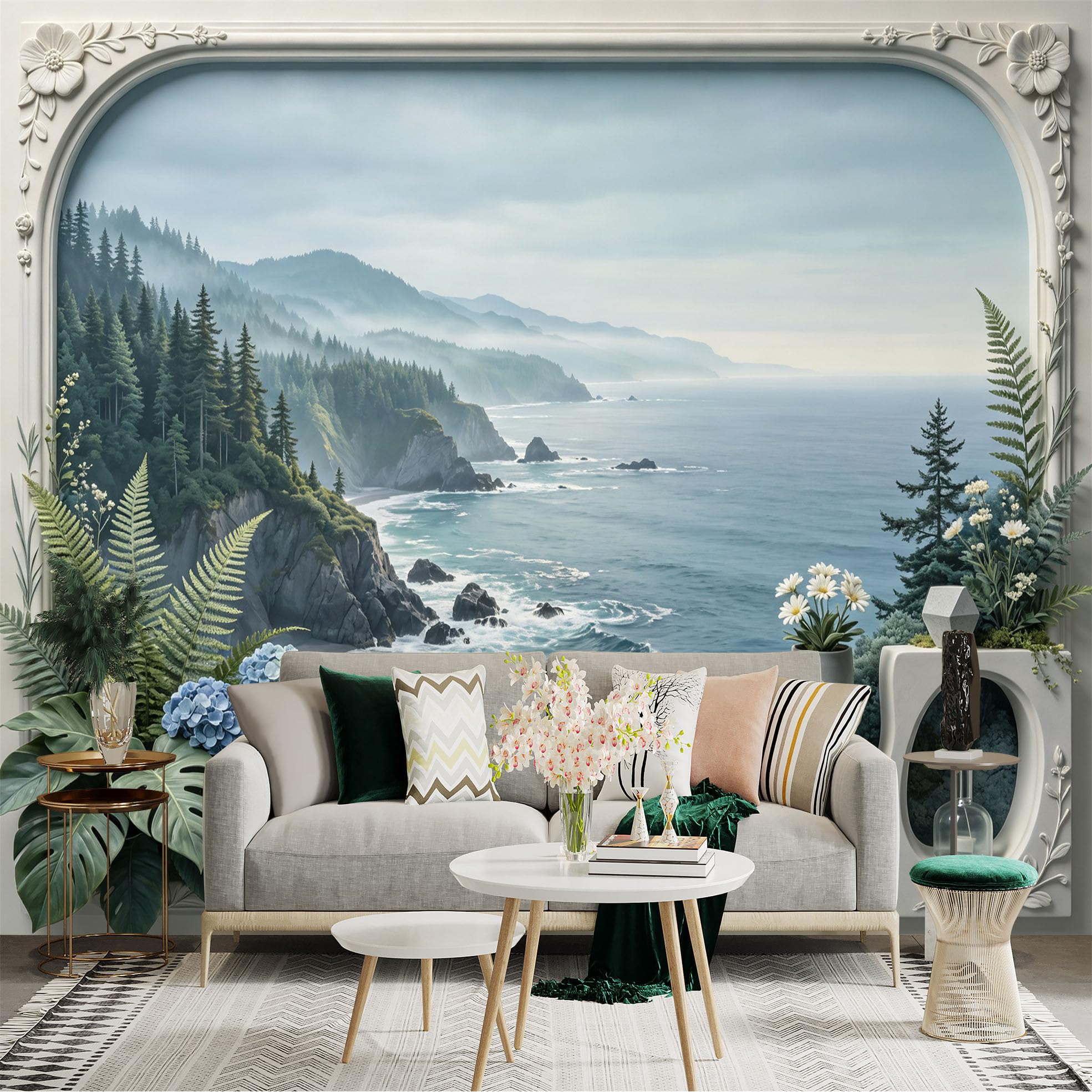 Lnzczhyre Bh260719788 Custom Size Wall Sticker Mural， Coastal Mountain View， Ocean Shoreline， Misty Forest Scenery， Potted Hydrangea Flowers， For Wall Decoration， Peelandstick Wall Decals.