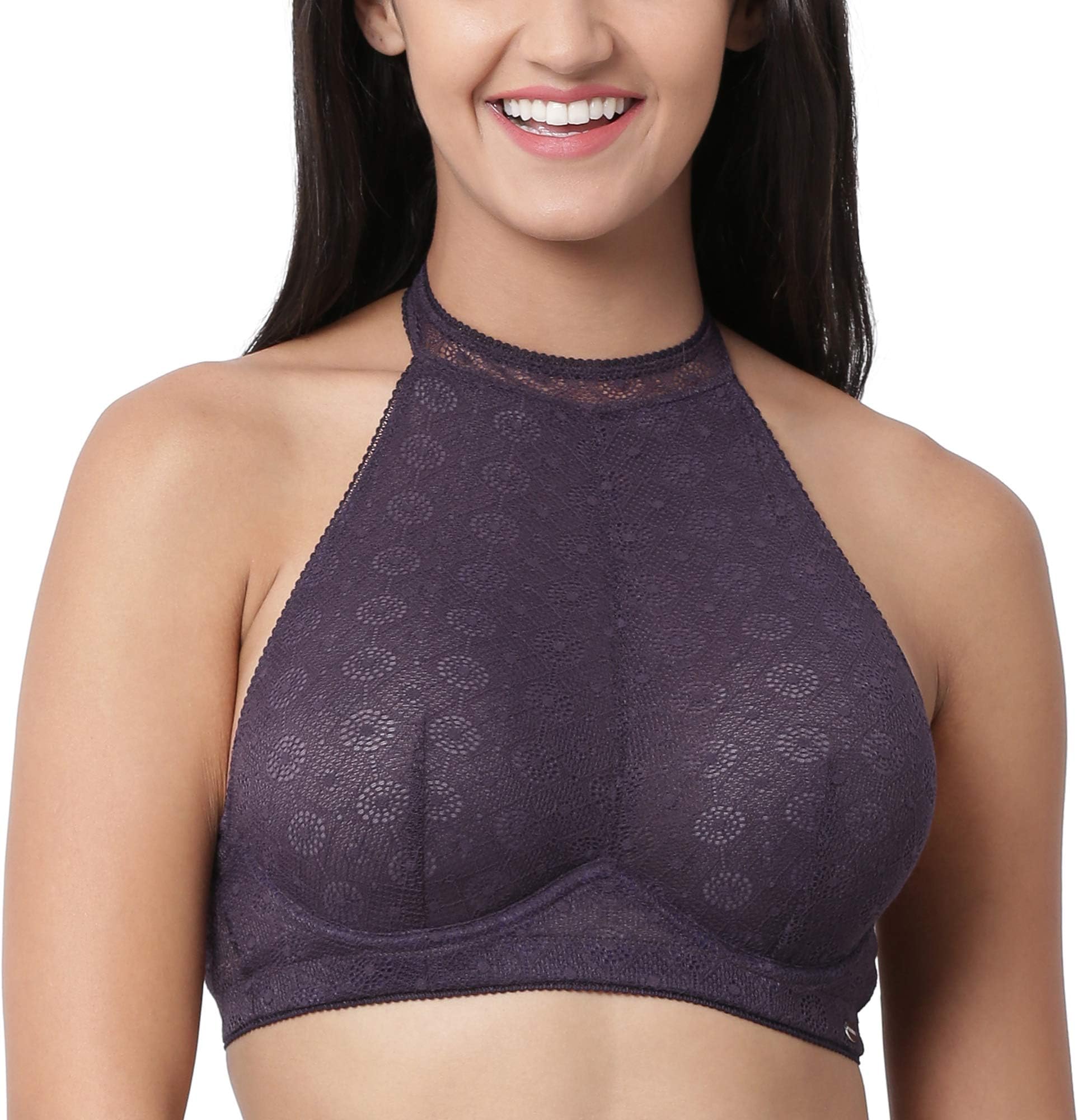 EnamorWomen's Everyday Fashion Bra - Full Support, Non-Padded, Wired, Full Coverage, Halter Neck and Lace Detailing