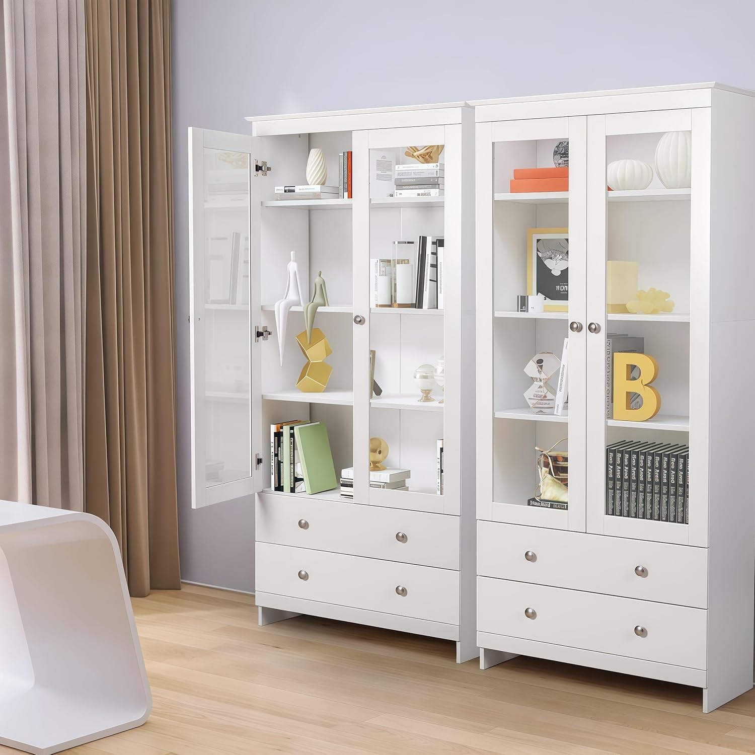 YIGOBUY Bookcase with Glass Doors 4-Tier Tall Bookshelf with Cabinet and Drawers Wood Curio Storage Cabinets Wide 4 Cube Storage Organizer for Living Room Bedroom Bathroom Office Kitchen