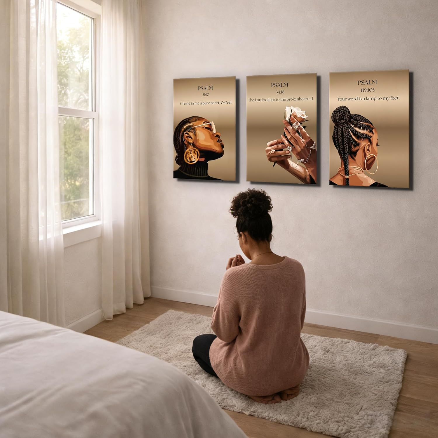 3 Pcs Black Girl Spiritual Wall Art African American Woman Christian Decor - Bible Verse Inspirational Quotes Painting - Psalms 119:105 34:18 51:10 Scripture Prints for Bedroom Bathroom 16x24 In Canvas