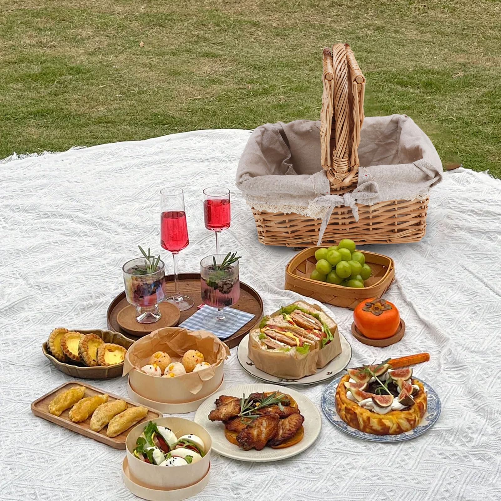 Cesta de picnic de mimbre grande con tapa, 30 x 20 x 15 cm, plegable, cesta tejida a mano con asa, cesta de la compra de mimbre, cesta vacía de regalo para frutas, dulces, vino,
