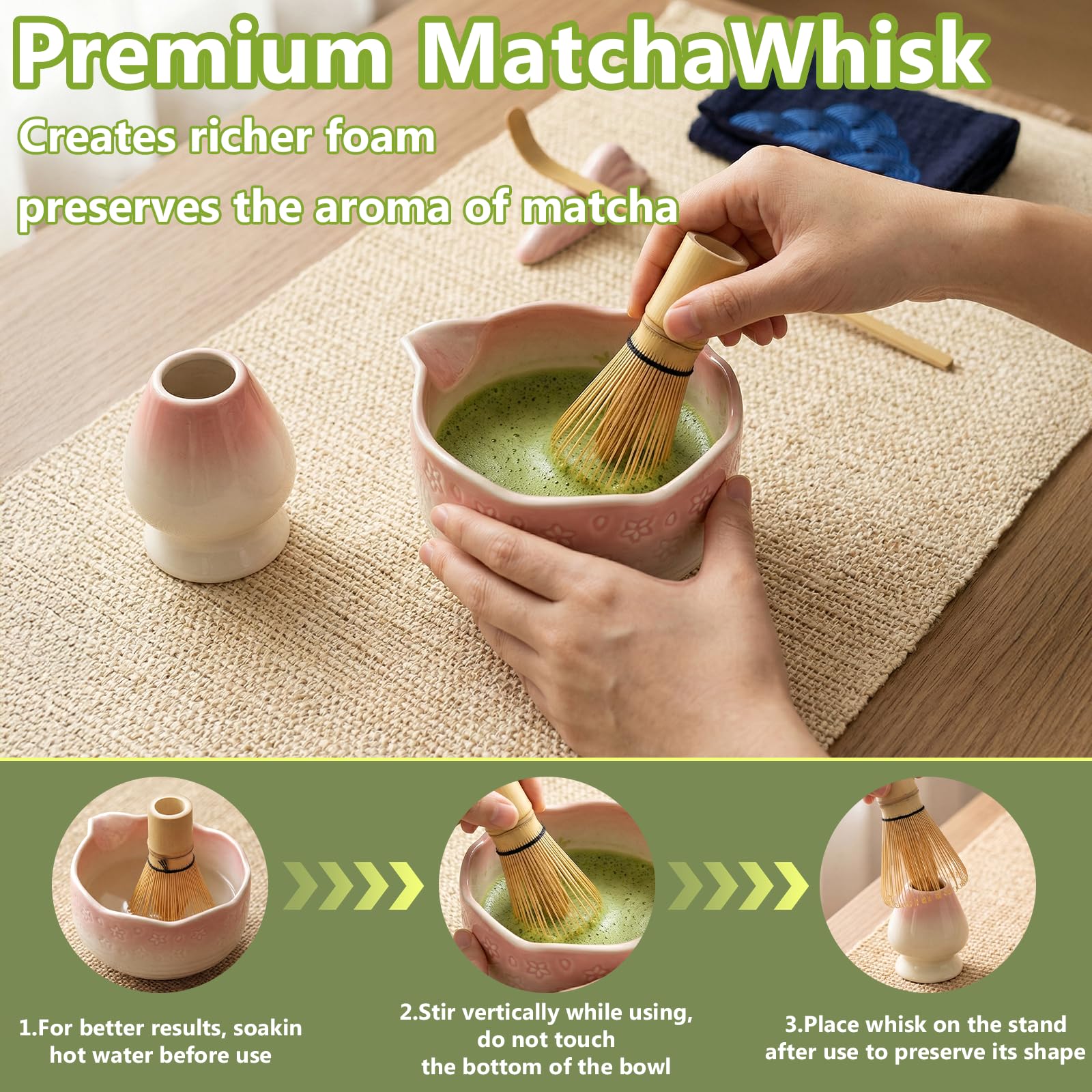 8 pezzi Matcha Kit, Matcha Set design a fiori di ciliegiocon Frusta Matcha, Ciotola, Cucchiaio, Filtro, Supporto, Kit Matcha completo, Elegante Set per Amanti del Matcha(Rosa Sfumato)
