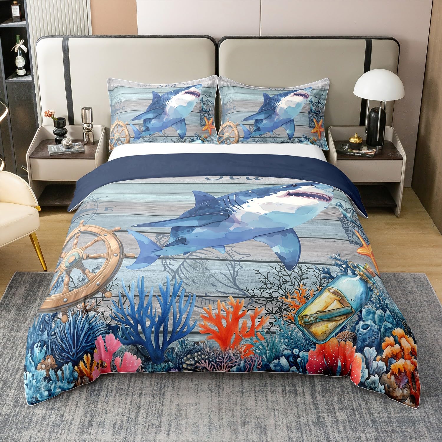 Ocean Shark Duvet Cover Twin Size for Kids Boys Teens,Watercolor Underwater Animals Plants 2PCS Duvet Cover,Rustic Wooden Stripes Comforter Cover (Not Comforter),Coastal Summer Quilt Cover