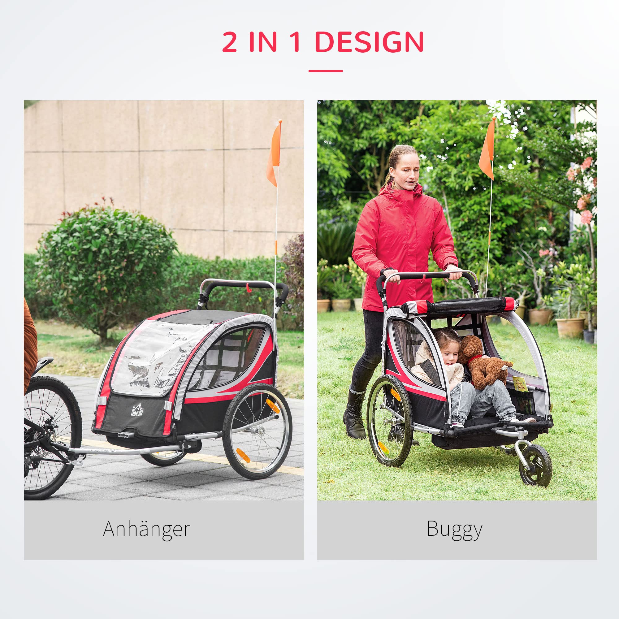 HOMCOM 2 in 1 Kinderfahrradanhänger, Fahrradanhänger mit Mesh-Tür, 360° Drehbares Vorderrad, Buggy mit Bremse, 142 x 75 x 101 cm