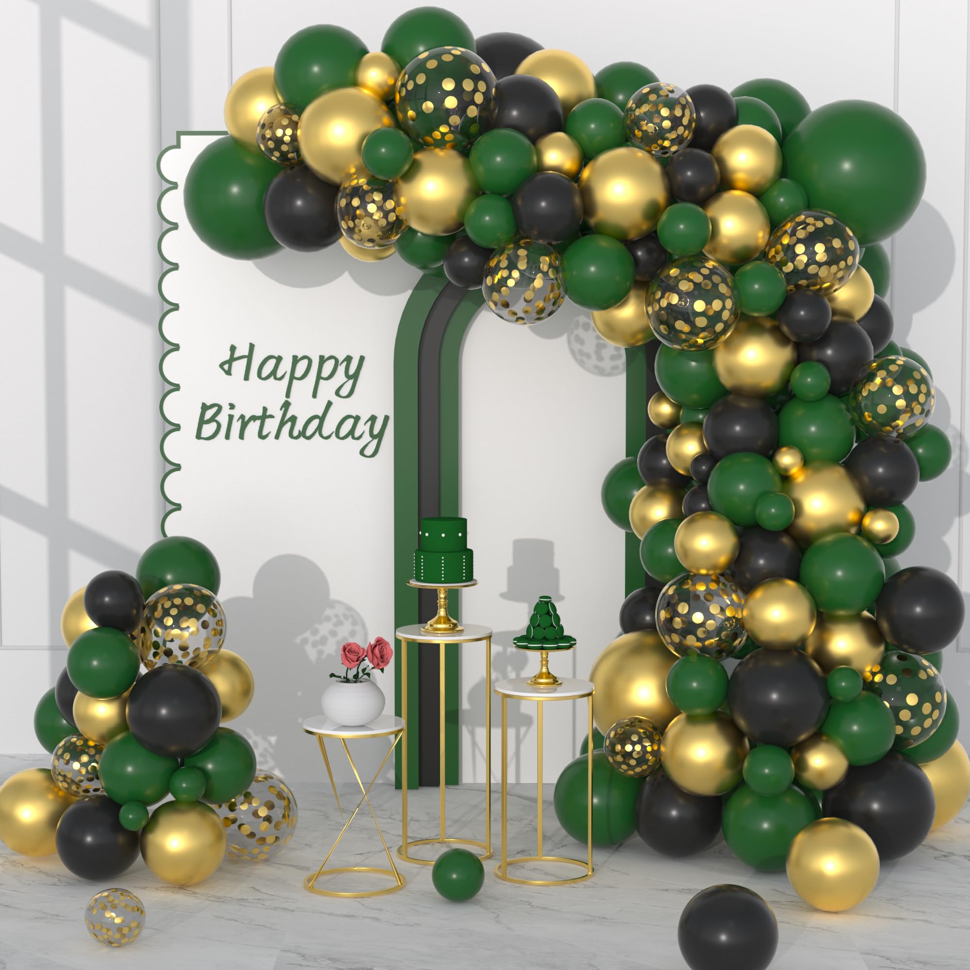 Dark Green Black Gold Balloon Garland Arch Kit, 122PCS Black Dark Green Metallic Gold Confetti Balloon for Jungle Birthday Wedding Anniversary