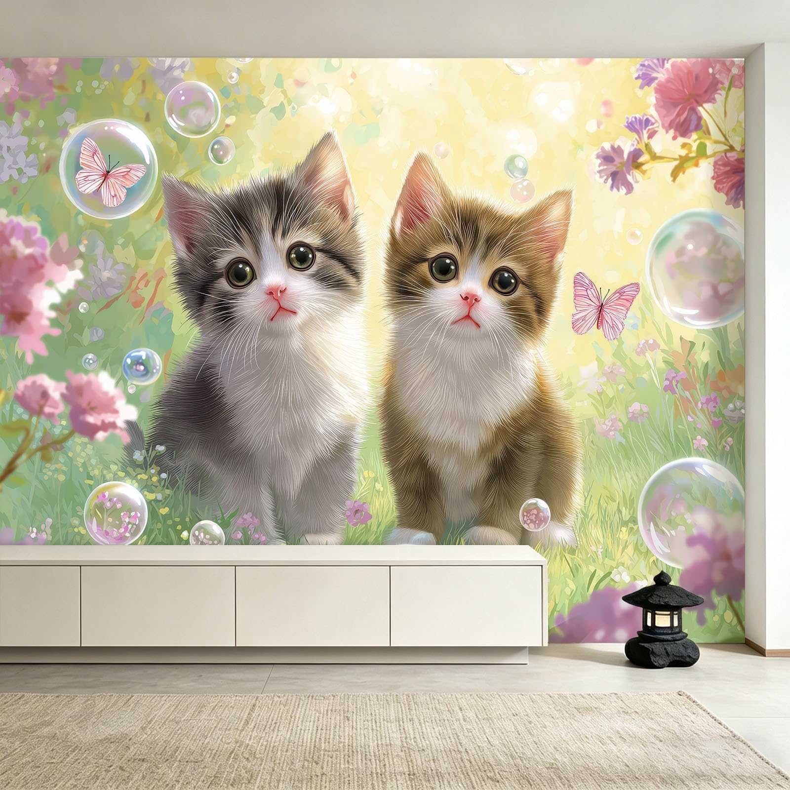 Générique Panoramiczna tapeta, uroczy kot bąbelki 200 x 140 cm plakat 3D gigantyczny mural - zwierzęta z kreskówek tapeta do salonu, pokoju dziecięcego dla dorosłych i gabinetu dekoracja restauracji