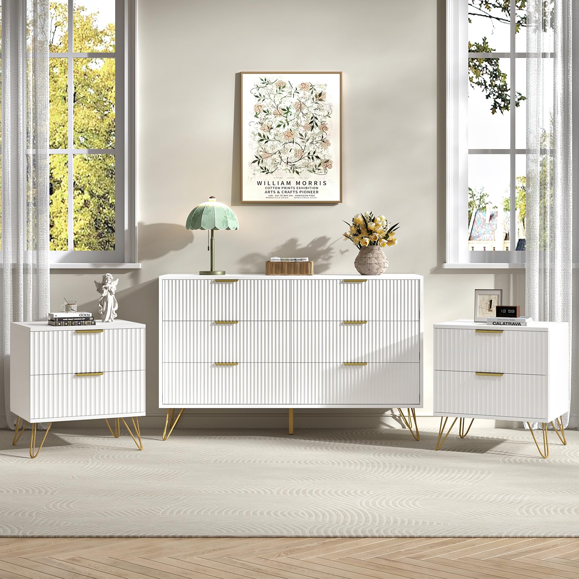 Amazon.com: BAZELOR White 6 Drawer Dresser and Nightstand Sets for Bedroom,  3 Pcs Fluted Bedroom SetNight Stand Set of 2 & 6 Drawer Dresser with  Golden Handles, Wood Chest of Drawers Storage