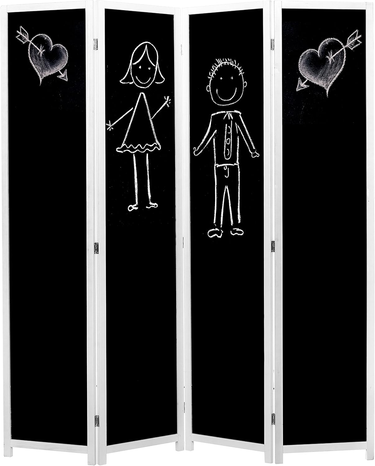 MyGift 4-Panel White Solid Wood Framed Chalkboard Room Divider, Folding Decorative Semi Private Screen with Reusable Chalkboard Panel
