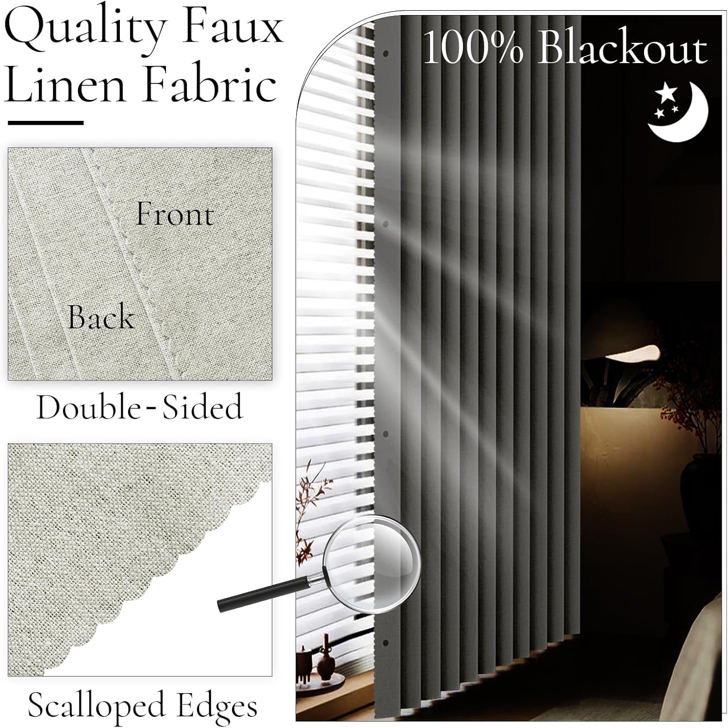 Magnetic Closure Pleated Look Theater Grade 100% Blackout Grommets Door Window Curtain Panel, Approximate Pinch Pleated Curtains, 1 Panel, W60 x L80, Natural