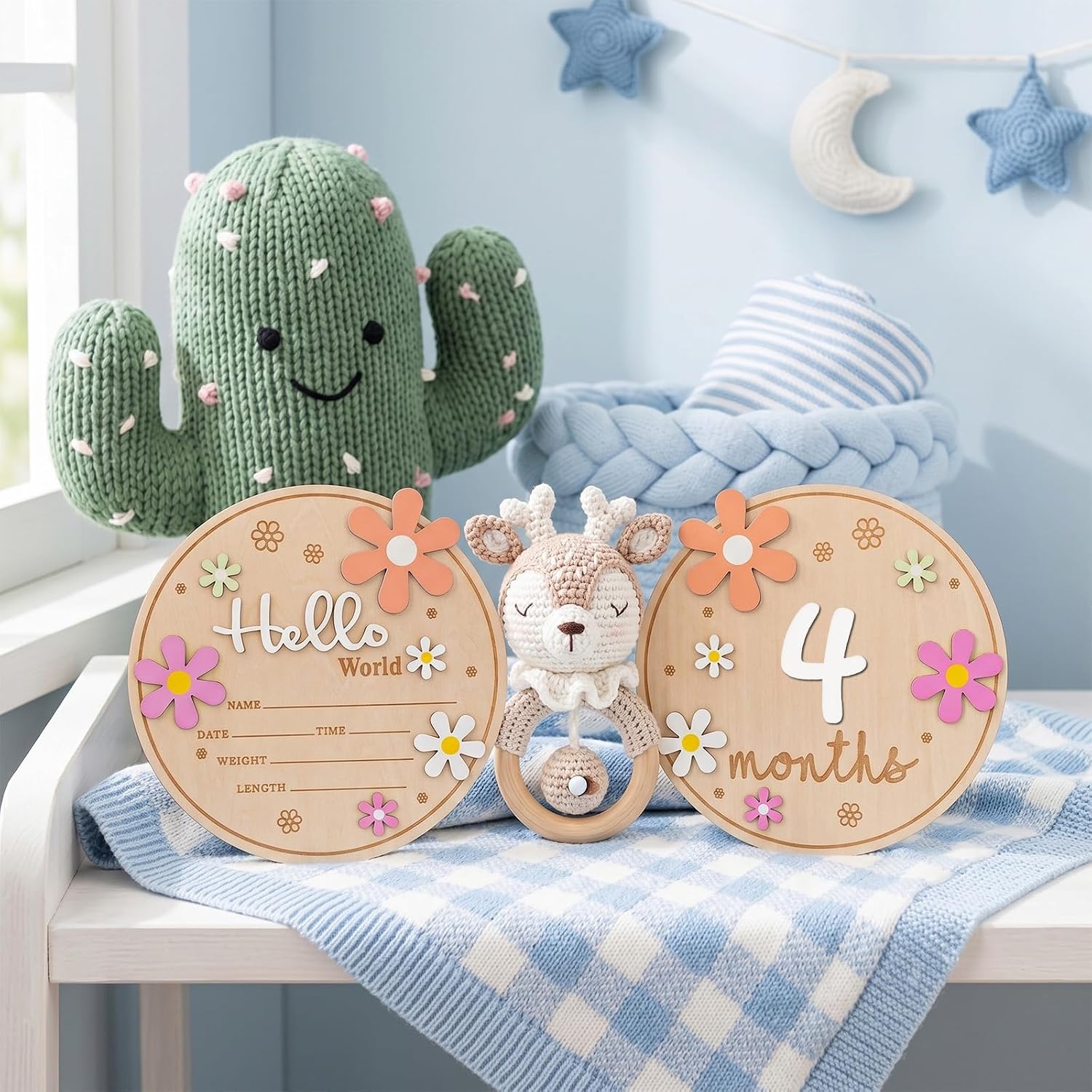3D Wooden Daisy Monthly Milestone Sign with Hello World Milestone Sign Discs, Interchangeable 1-12 Months Wood Discs Newborn Announcement Cards & Photo Props for Shower Gift