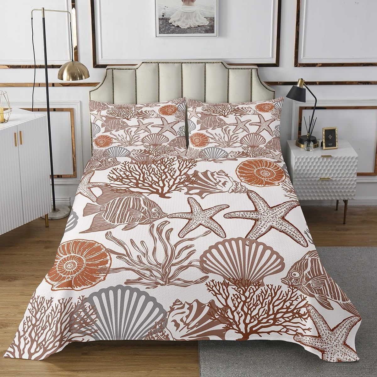 Erosebridal Underwater World Animals Quilt Set Queen Cartoon Ocean Life Bedspread Seashell Starfish Coral Coverlet Set for Kids Adults,Coastal Natural Theme Bedding Quilted