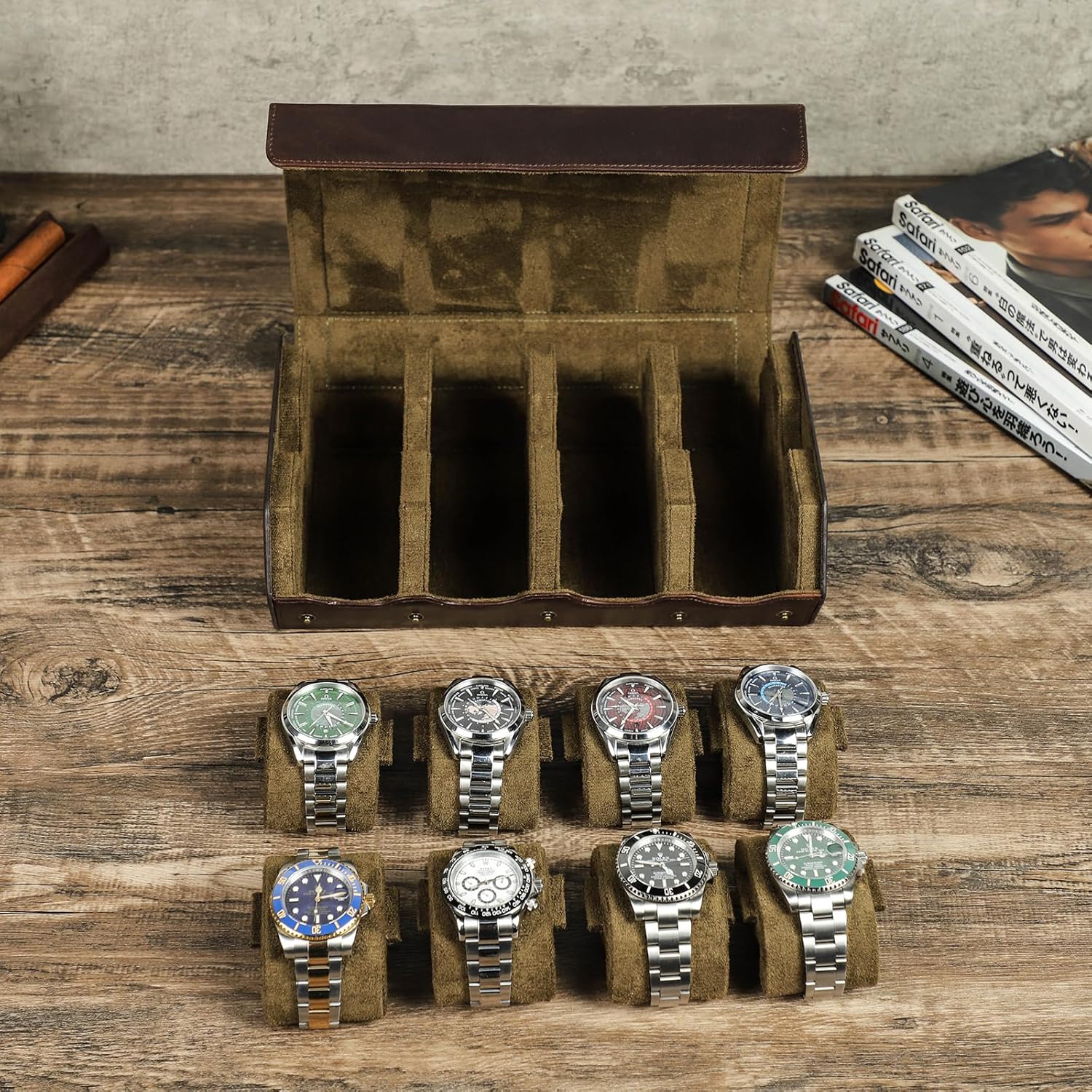 CONTACTS Crazy Horse Leather Watch Case for Men Large Capacity Watch Travel Box Watches Storage Organizer Display Holder for 8 Pcs Watches