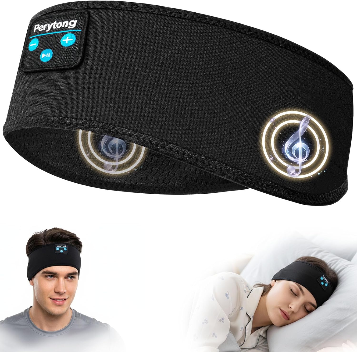 Perytong Sleep Headphones Bluetooth 5.4 Headband, Wireless Sleep Headphones with Ultra-Thin HD Stereo Speakers for Side Sleepers, Soft & Sweat Resistant Sport Headband for Yoga Travel Workout