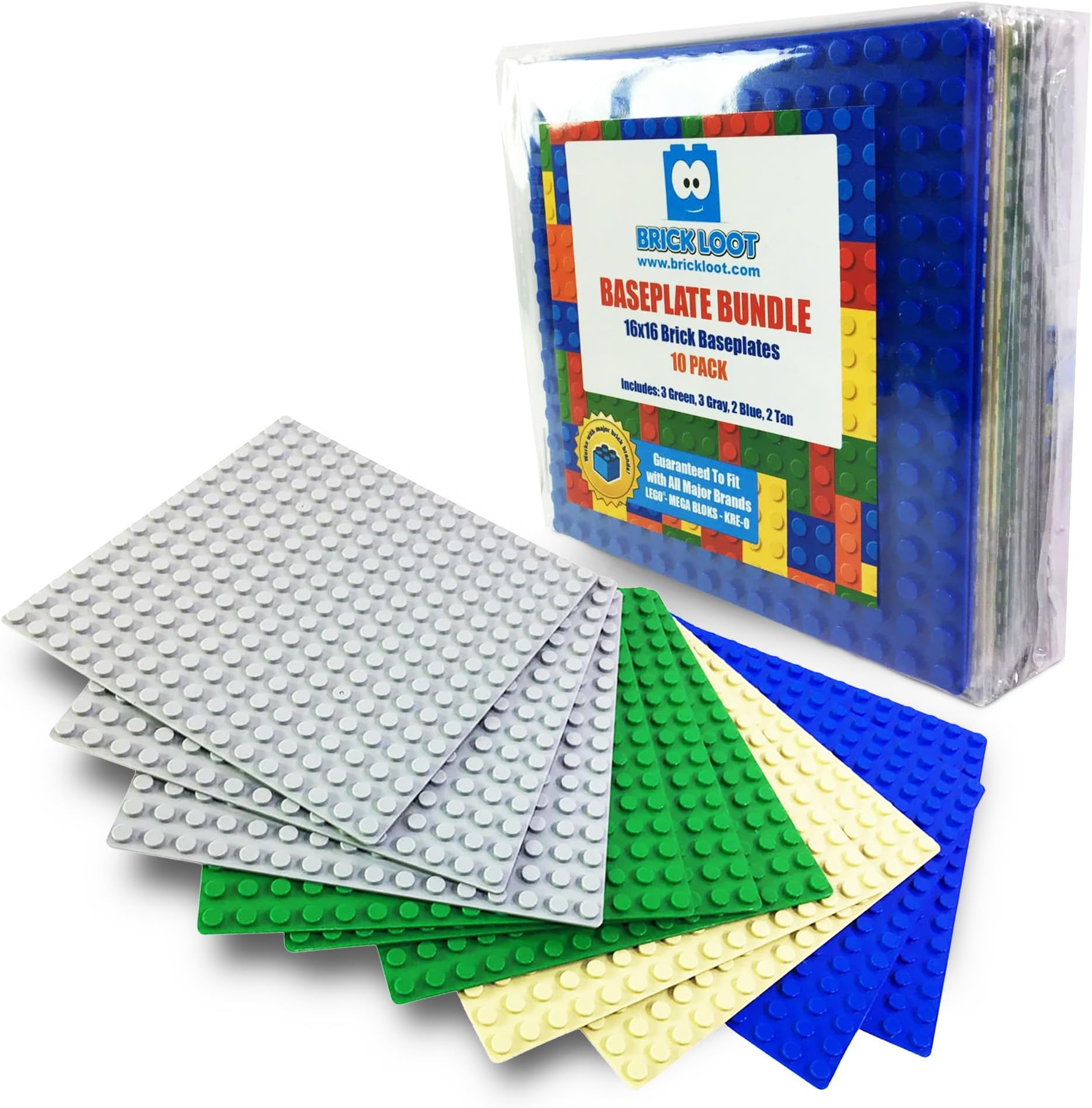 Classic Baseplates – 5" x 5" 10-Pack Building Plates, Compatible with Major Brands, 16x16 Variety Base Plate for Creative Play, Durable Green,Grey,Blue Construction for Kids Ages 3+
