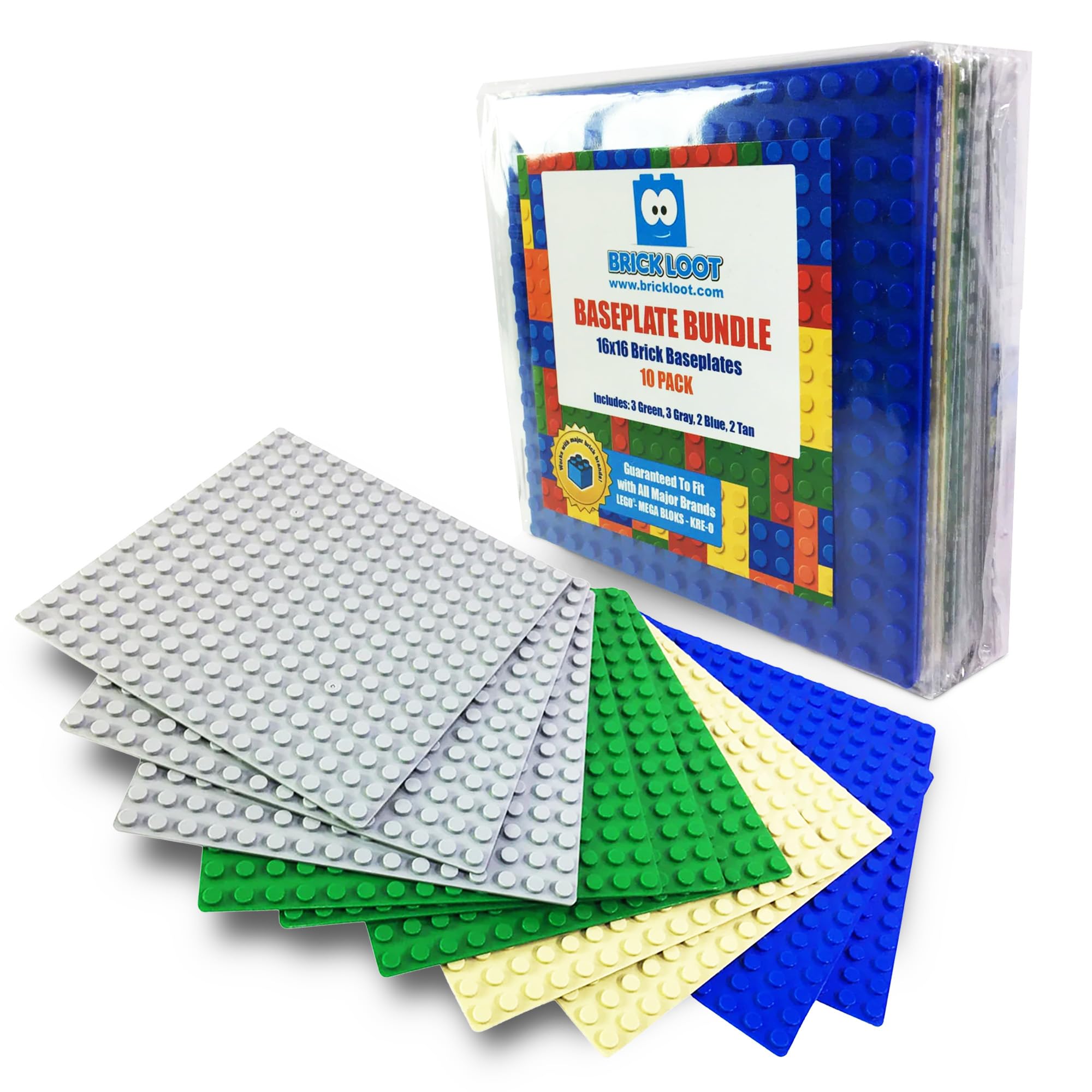 Brick LootClassic Baseplates – 5" x 5" 10-Pack Building Plates, Compatible with Major Brands, 16x16 Variety Base Plate for Creative Play, Durable Green,Grey,Blue Construction for Kids Ages 3+