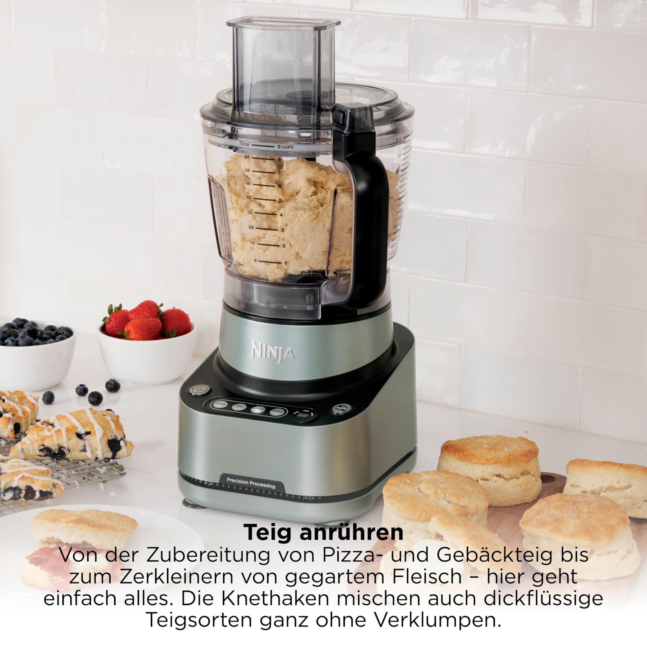 Ninja PrecisionPro 2,1 l Küchenmaschine, 4 Voreinstellungen und manuelle Einstellungen, Pizza- und Brotteig zubereiten, Gemüse schneiden und mehr, spülmaschinengeeignete Teile, Schwarz BZ651EU
