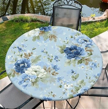 Round Fitted Tablecloth with Elastic Edge for 48in Tables,Washable Table Cover for Party Picnic Dinner Farmhouse Tabletop Decor - Light Blue Floral